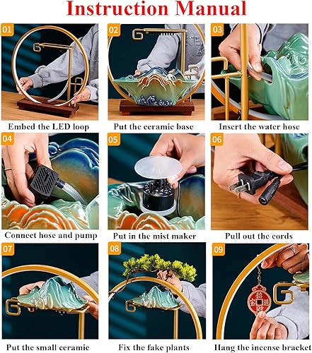 Miniatura 7 de Fuente de agua de mesa con grúa, cascada interior con luz LED, fuente de escritorio para meditación con niebla, fuente japonesa con plantas falsas,