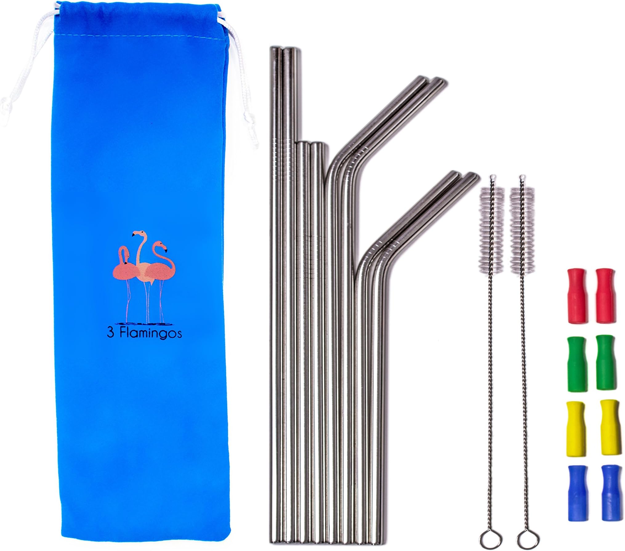 3 FLAMINGOS - Xmas Set of 8 Reusable Metal Straws + Silicone Tips for Family, Stainless Steel Straws Bent & Straight + 2 Cleaning Brush for Healthy Smoothie, Juice, Milkshake, Hot Drinks