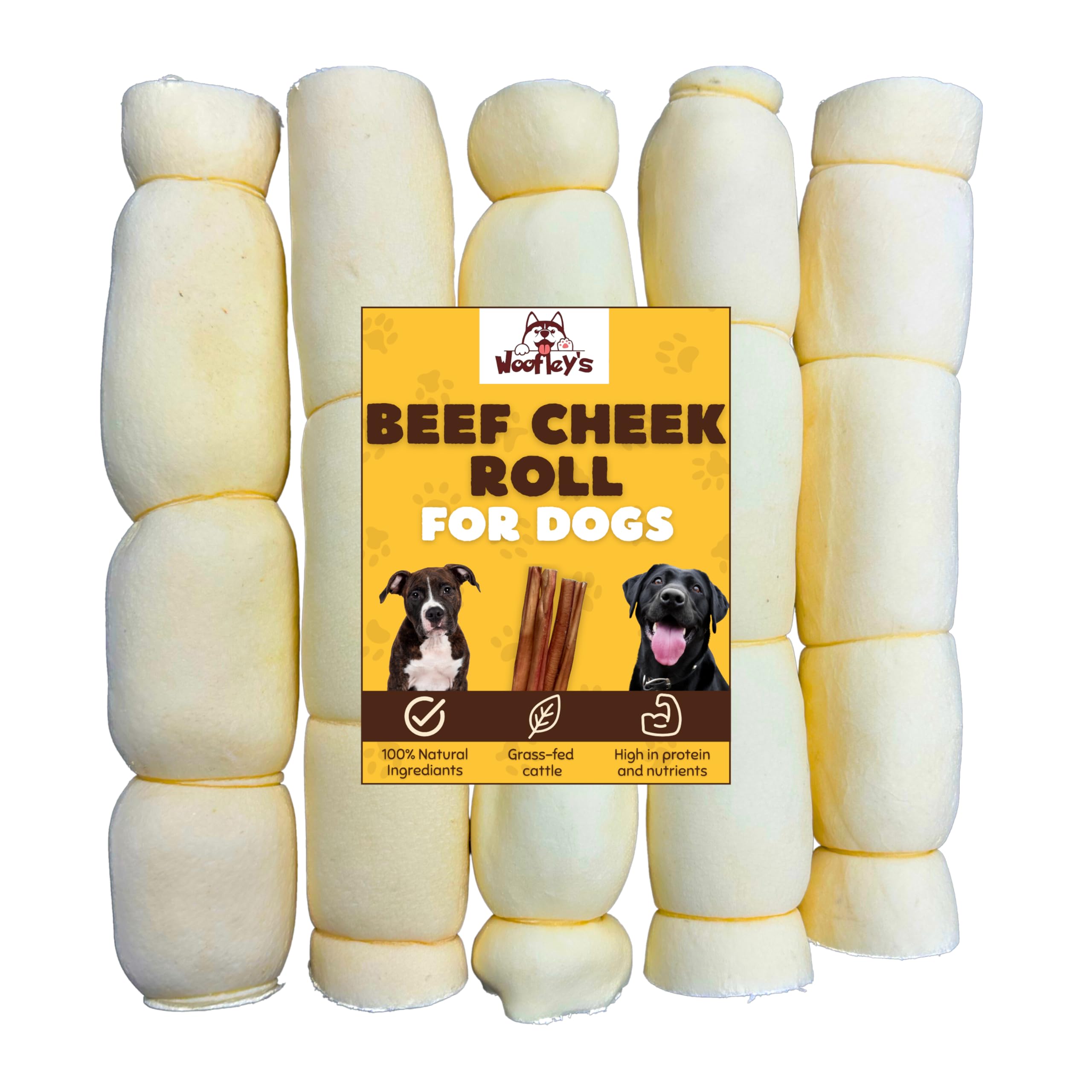 Woofley's 9-10" Buffalo Beef Cheek Roll - (5 Count)- Beef Cheek Rolls for Dogs - Long Lasting Natural Dog Chews