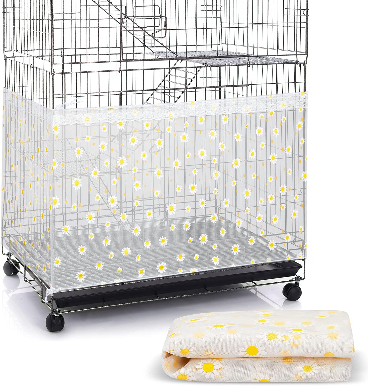 Large Bird Cage Net Cover for Seed Bird Cage Skirt Seed Catcher with Daisy Pattern Adjustable Nylon Protector for Budgie Parrot Parakeet Macaw(X-Large,White Daisy)