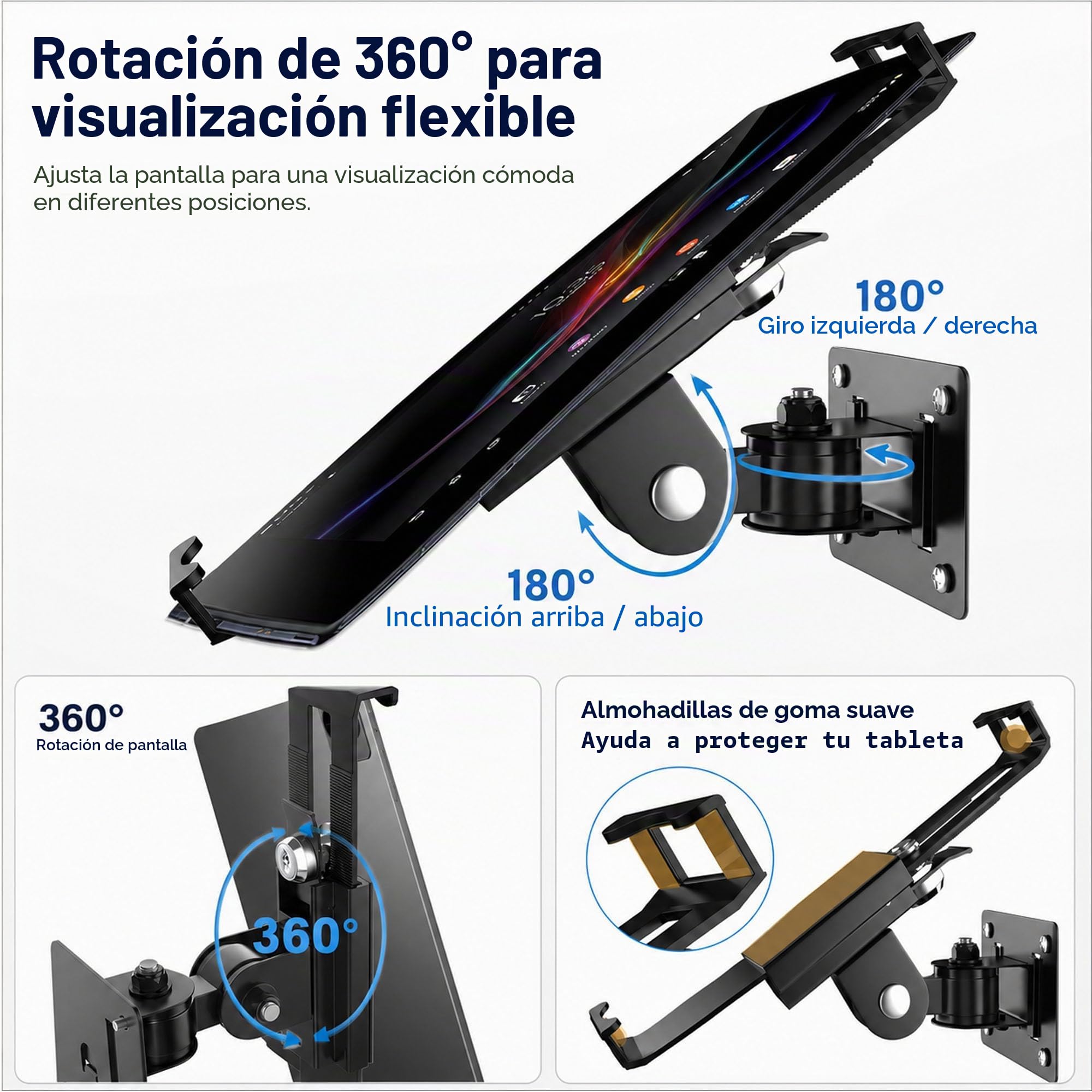 Keuvirya Soporte de pared para tableta, compatible con tabletas de 7 a 11 pulgadas, incluye cerradura de seguridad antirrobo y llave, soporte giratorio articulado para modo vertical y horizontal