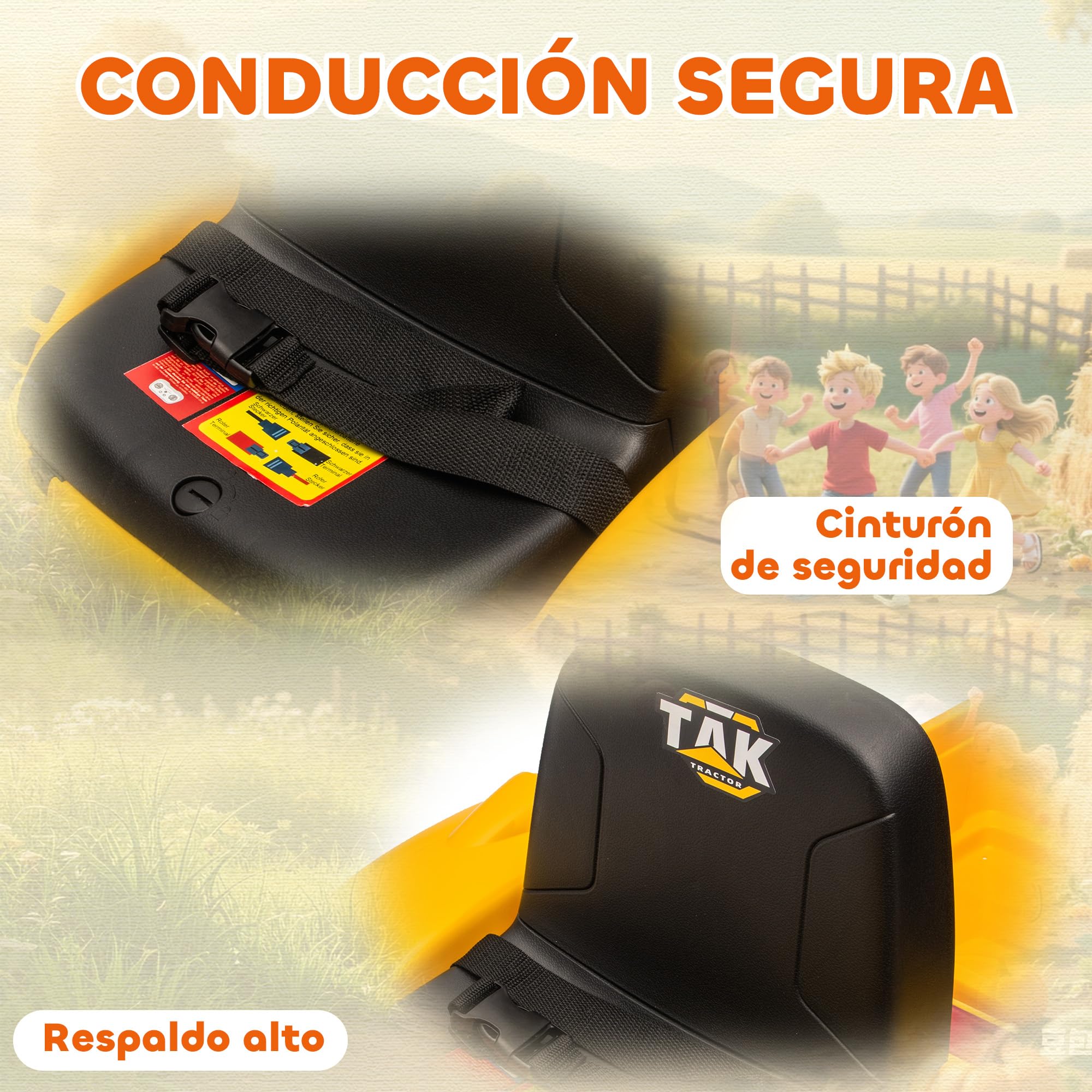 AIYAPLAY Tractor Eléctrico para Niños con Remolque Desmontable y Pala 12V | Tractor de Juguete de Batería, Motor Doble, Control Remoto 2,4G, Luces, Música, Conexión Inalámbrica, USB, +3 Años