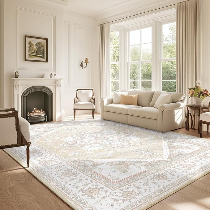 BESTSWEETIE Area Rug 8x10 Rug for Living Room, Washable Rug 8x10, Non Slip Water Repellent Floor Carpet, Low Pile Soft Vintage Rug for Bedroom Dining Room Indoor-Cream/Light Ivory/Khaki/LightBlue/Pink