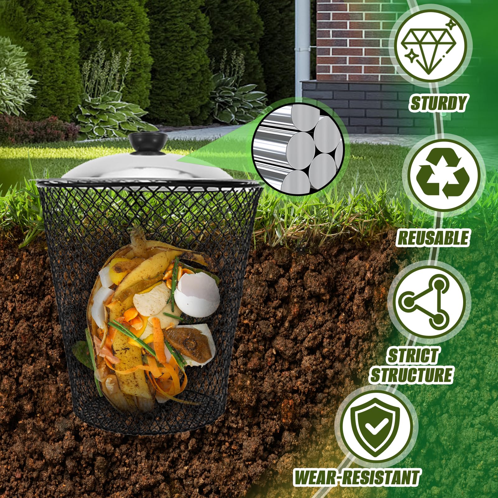 Wurmkomposter, Kompostbehälter für den Außenbereich 6 Stück mit Metalldeckel 2-1 Unterirdischer Wurmkompostbehälter-Set Pflanzenschutz für Garten und Terrasse zur Wurmzucht und Abfallentsorgung