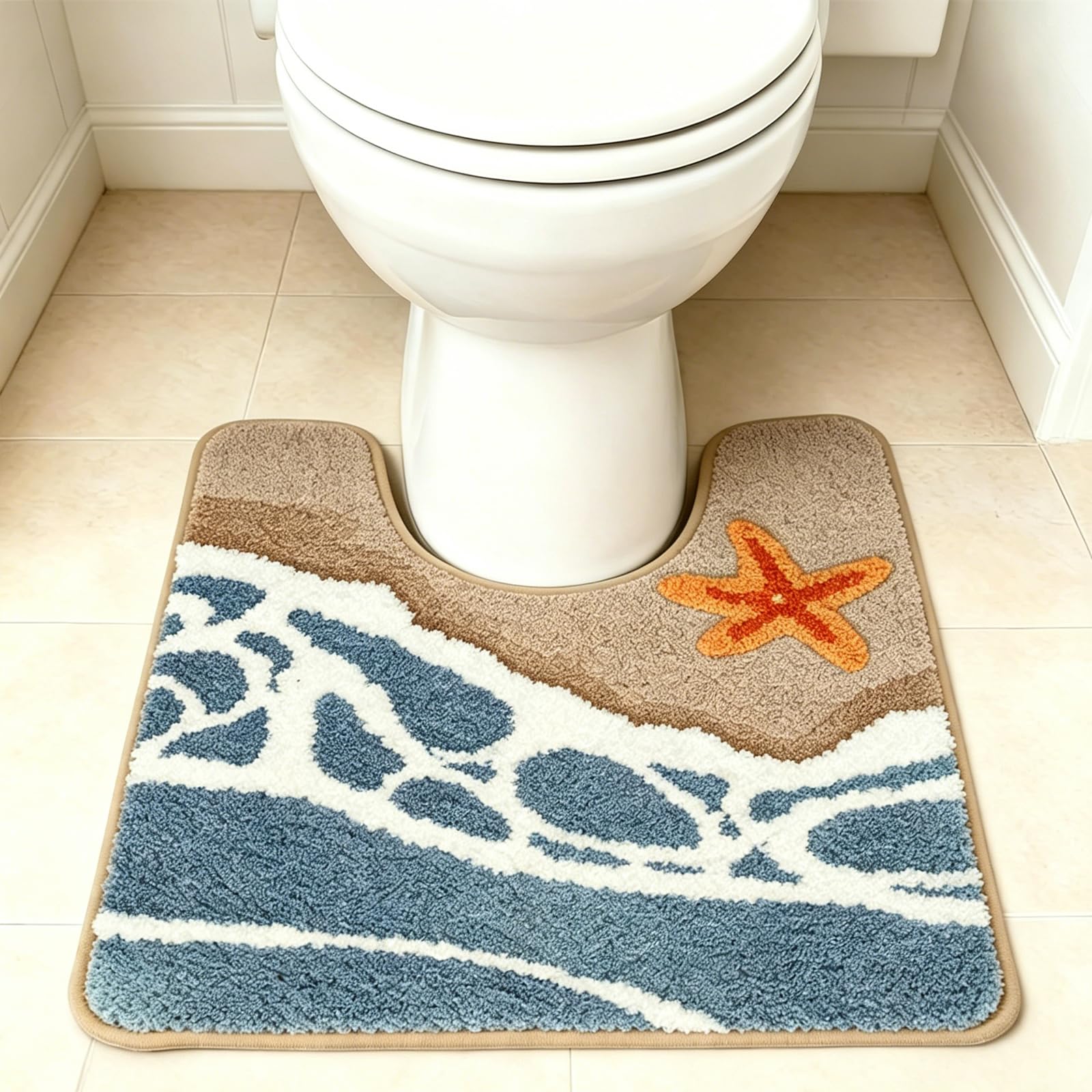 AVEKI Ocean Wave Starfish U Shaped Toilet Rug, Coastal Beach Themed Absorbent Non Slip Bath Mat, Machine Washable Soft Microfiber Bathroom Floor Carpet for Bathroom Decor 20" x 22" (Starfish-Toilet) — image 1