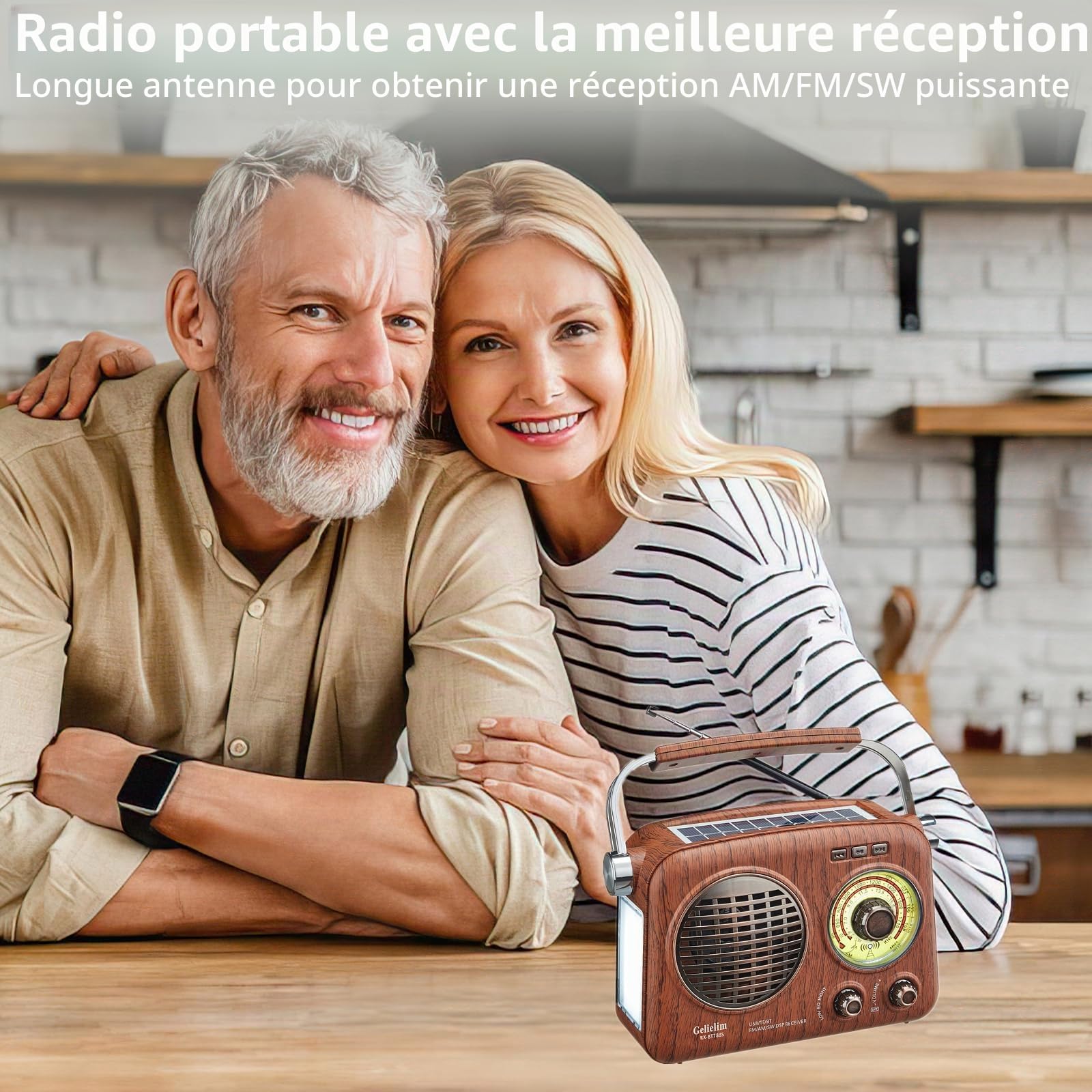 Gelielim Radio rétro portable, radio AM FM courte avec meilleure réception, petite radio vintage avec haut-parleur Bluetooth, prend en charge carte TF/lecteur USB, lampe de poche d'urgence