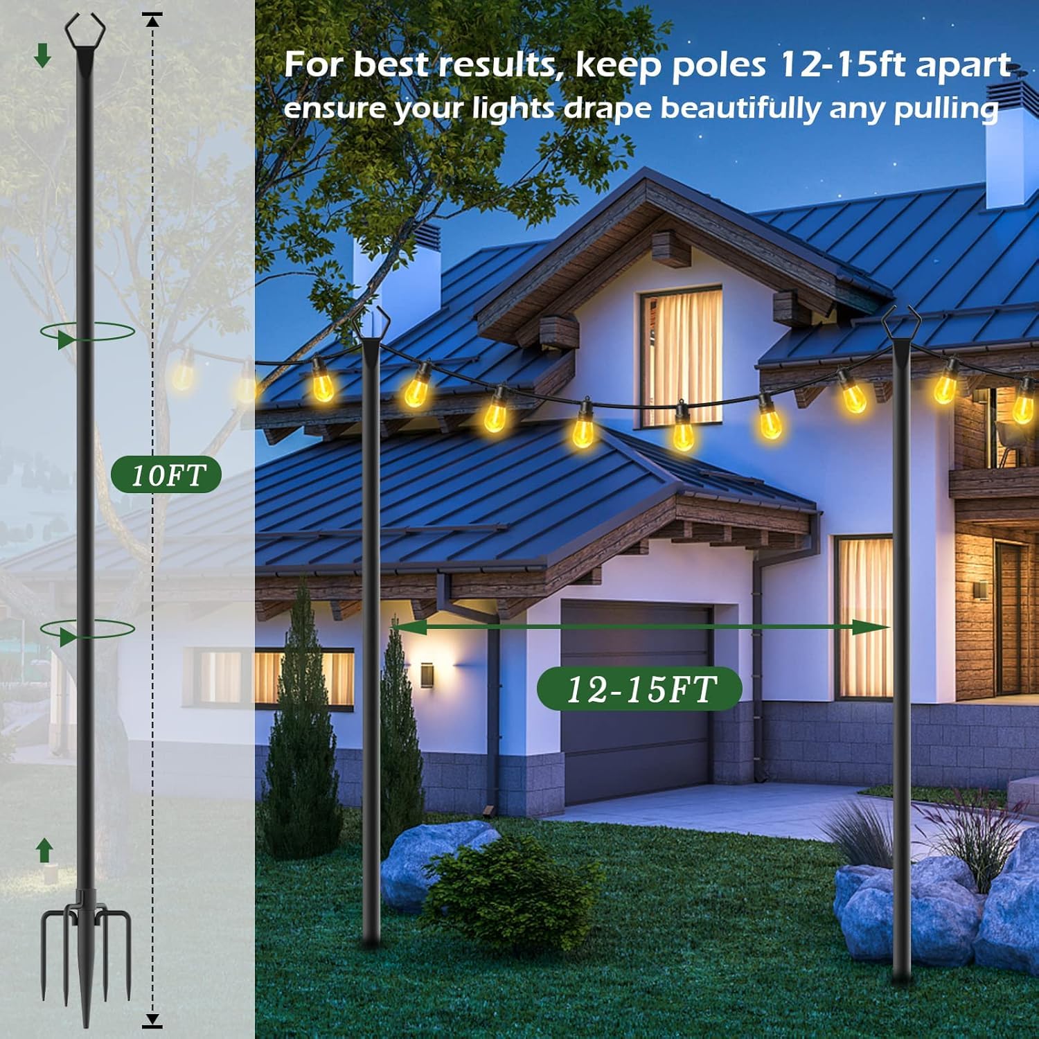 Juego de 4 Postes de Luz de Metal de 3m/10 pies, Postes Metalicos de Iluminación con Tenedor para Guirnaldas Luminosas Exteriores, para Exteriores, Patios, Terrazas, Jardines, Fiestas, Bodas