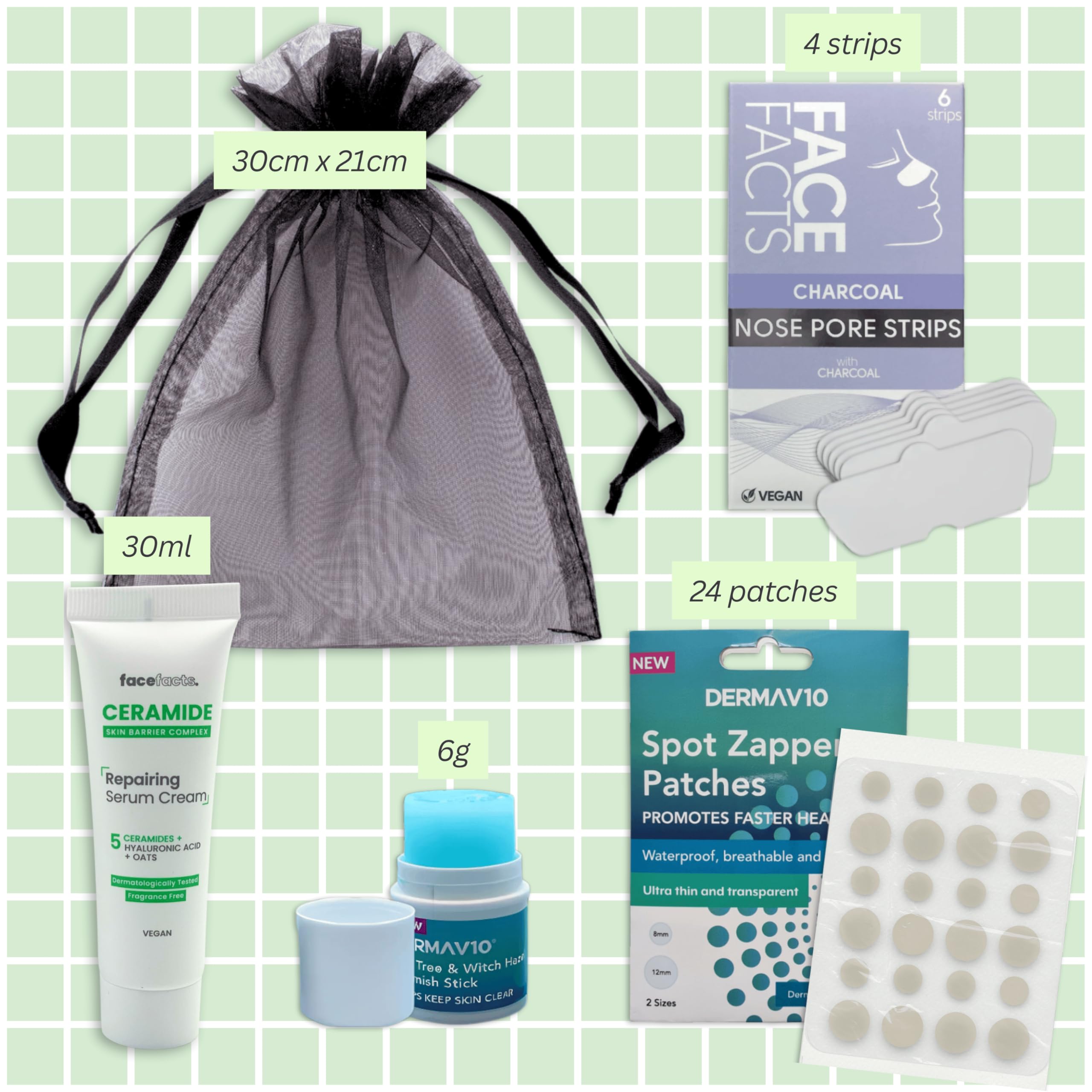 Spot Care Skincare Kit - 4-Piece Gift Set including Pimple Patches, Blemish Stick, Ceramide & Charcoal Nose Strips for Women & Teens - Image 2