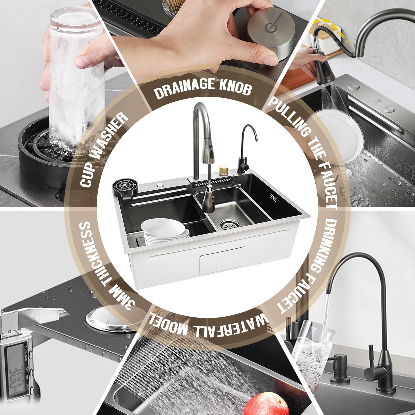 Fregadero Grande De Cascada Individual, Fregadero De Barra De Cocina, Fregadero De Acero Inoxidable, Fregadero Hecho A Mano Engrosado, Estación De Trabajo Deslizante Y Comedor, Todos Los Accesorios In