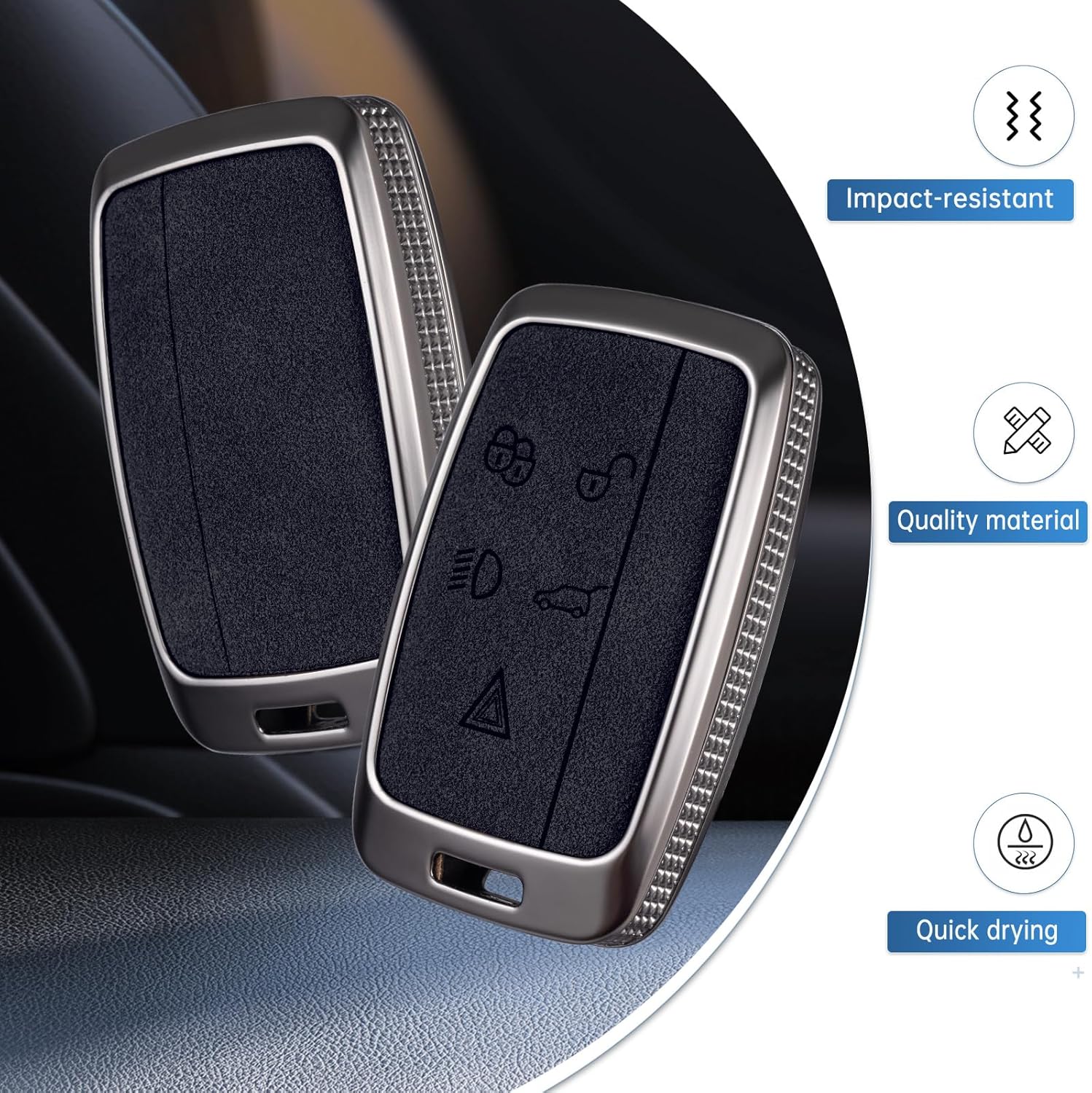 YO&YOYE Compatible with Land Rover Key Fob Cover with Keychain Leather Key Case Protector for Range Rover Evoque Sport Velar Land Rover Discovery Jaguar F-Pace F-Type XE XEL XF XFL XJ (Model1, Black) - Image 3