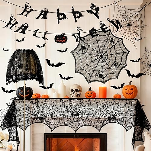 Juego de decoración de Halloween 5 en 1 para el hogar, camino de mesa de tela de araña de encaje negro de 18 x 72 pulgadas, bufanda de manto de 18 x