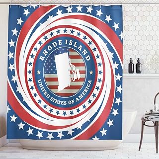 Ambesonne Rhode Island Shower Curtain, United States of America Text with The Flag and Swirled Stars, Cloth Fabric Bathroom Decor Set with Hooks, 69" W x 70" L, Ruby White and Night Blue