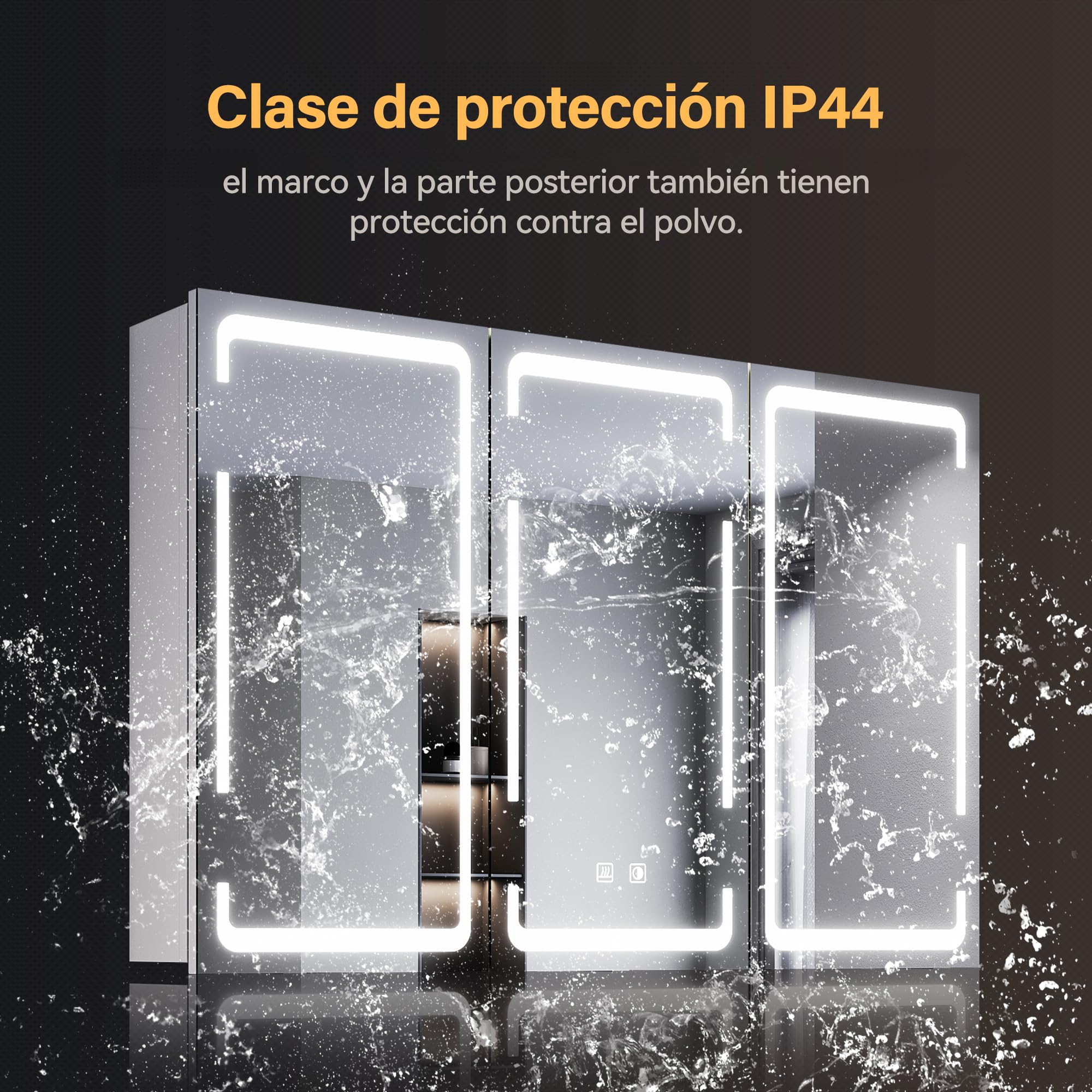 SONNI Armario Baño Espejo con Iluminación LED, Mueble Espejo Baño LED Antivaho Regulable en 3 Colores, Armario con Espejo de 3 Puertas con Bisagra Inalámbrica 90x60x14cm