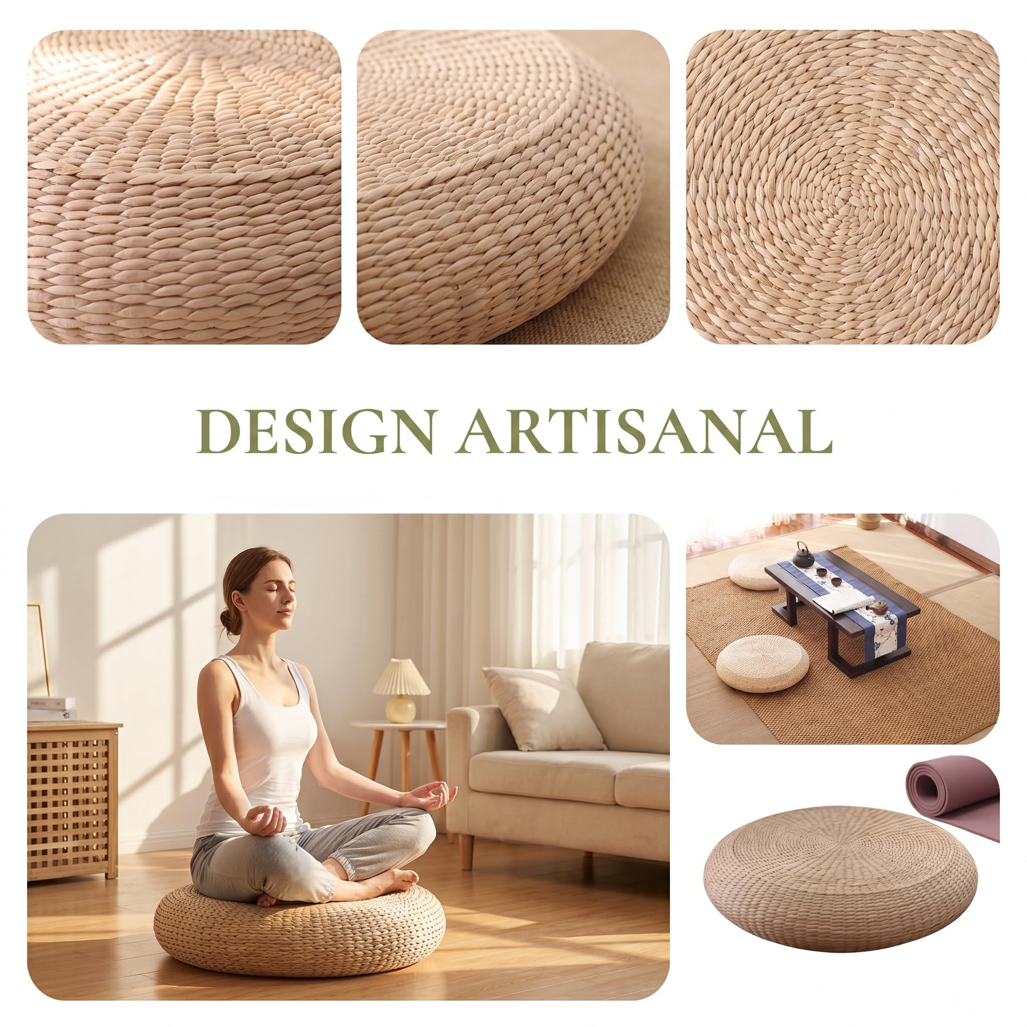 Coussin de Sol Naturel en Fibre Végétale, Coussin de Méditation Rond en Rotin Tressé, Confortable et Respirant, Tissé Main, pour Cérémonie du Thé, Salon et Bureau, 40 cm de Diamètre