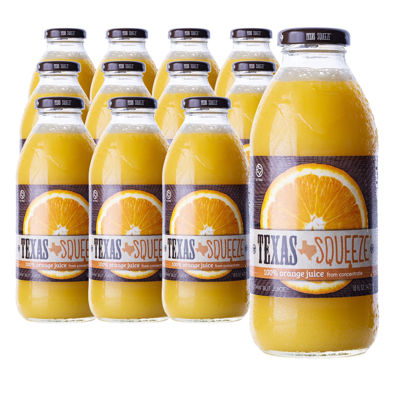 Texas Squeeze Orange Juice, NON GMO Verified, Texas Grown and Bottled, Orange Juice from Concentrate, No Sugar Added, No Preservatives, 16 fl oz, Pack of 12