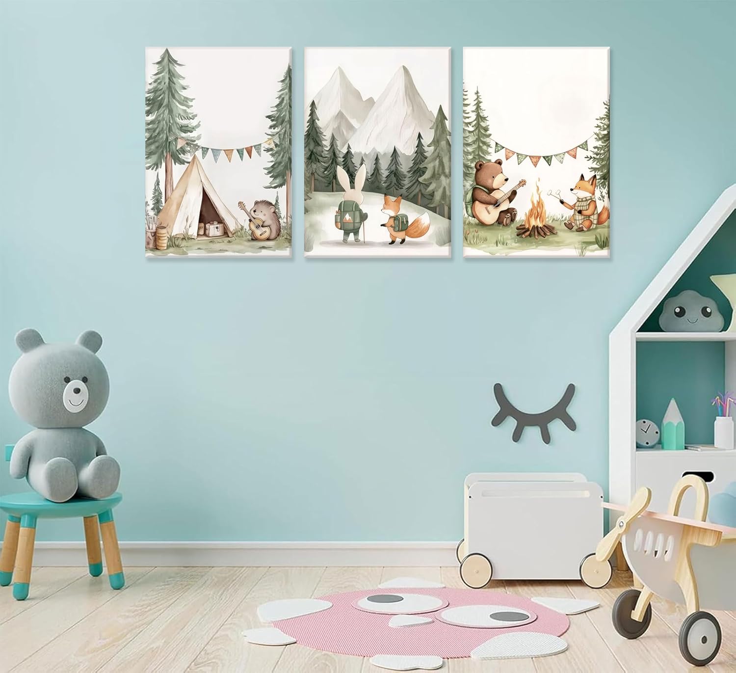 3pcs woodland animal nursery wall art safari animal camping canvas painting forest adventure theme wall decor cute bear fox posters prints for kids boys girls room bedroom picture framed green 16x24 canvas