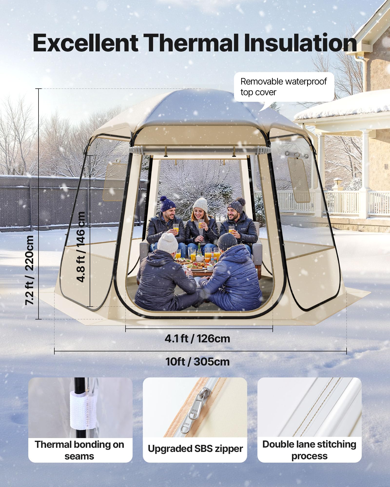 VEVOR Tenda a Cupola Pop-Up, 305 x 275 x 220 cm, Impermeabile e Resistente ai Raggi UV, Tenda da Campeggio Trasparente, con Finestre, Vista Panoramica a 540°, per 4-8 Persone, Patio, Cortile