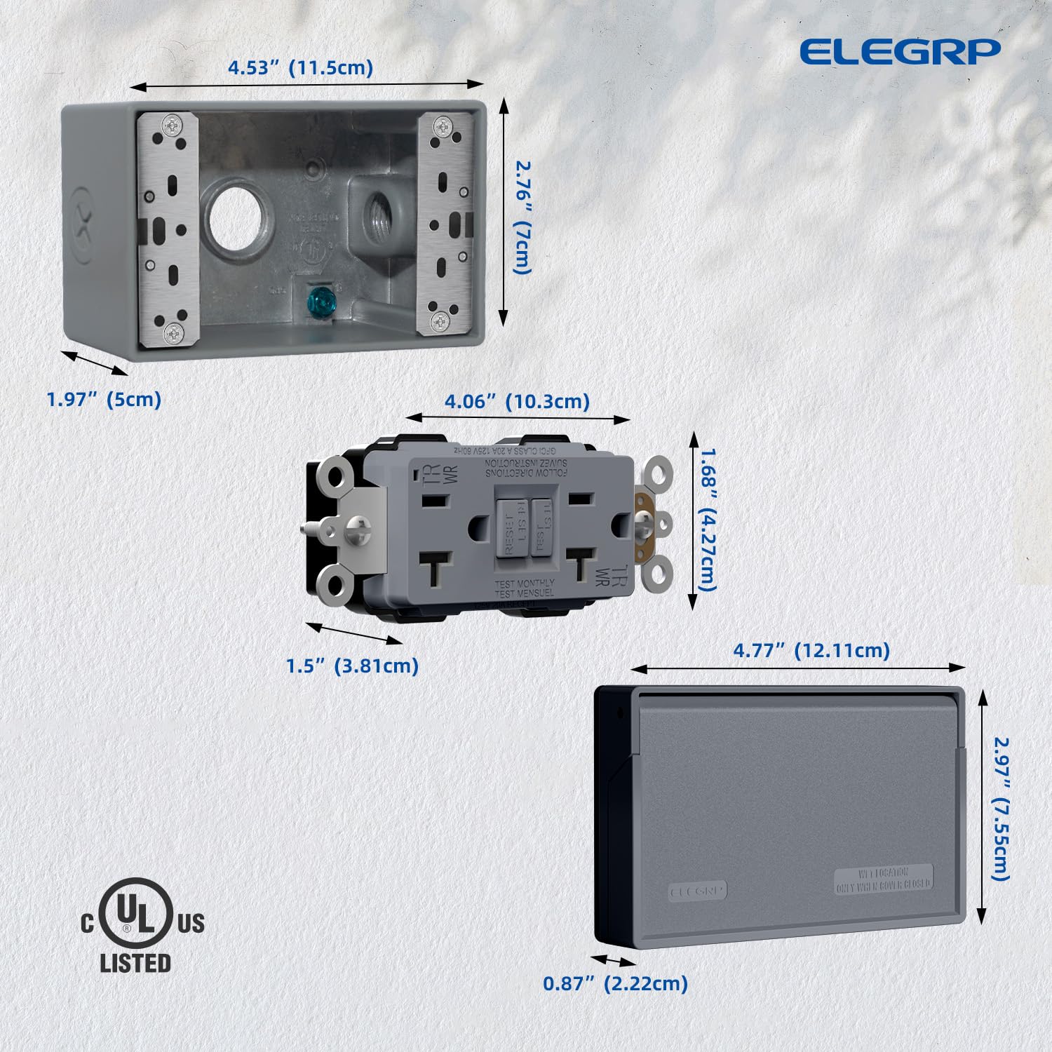 ELEGRP 20 Amp Outdoor GFCI Outlet Kit, with Horizontal Weatherproof Cover and Box, 1 Gang, TR WR Self-Test GFI Receptacle, Metallic Electrical Outlets Boxes, UL Listed, Grey, 2 Pack