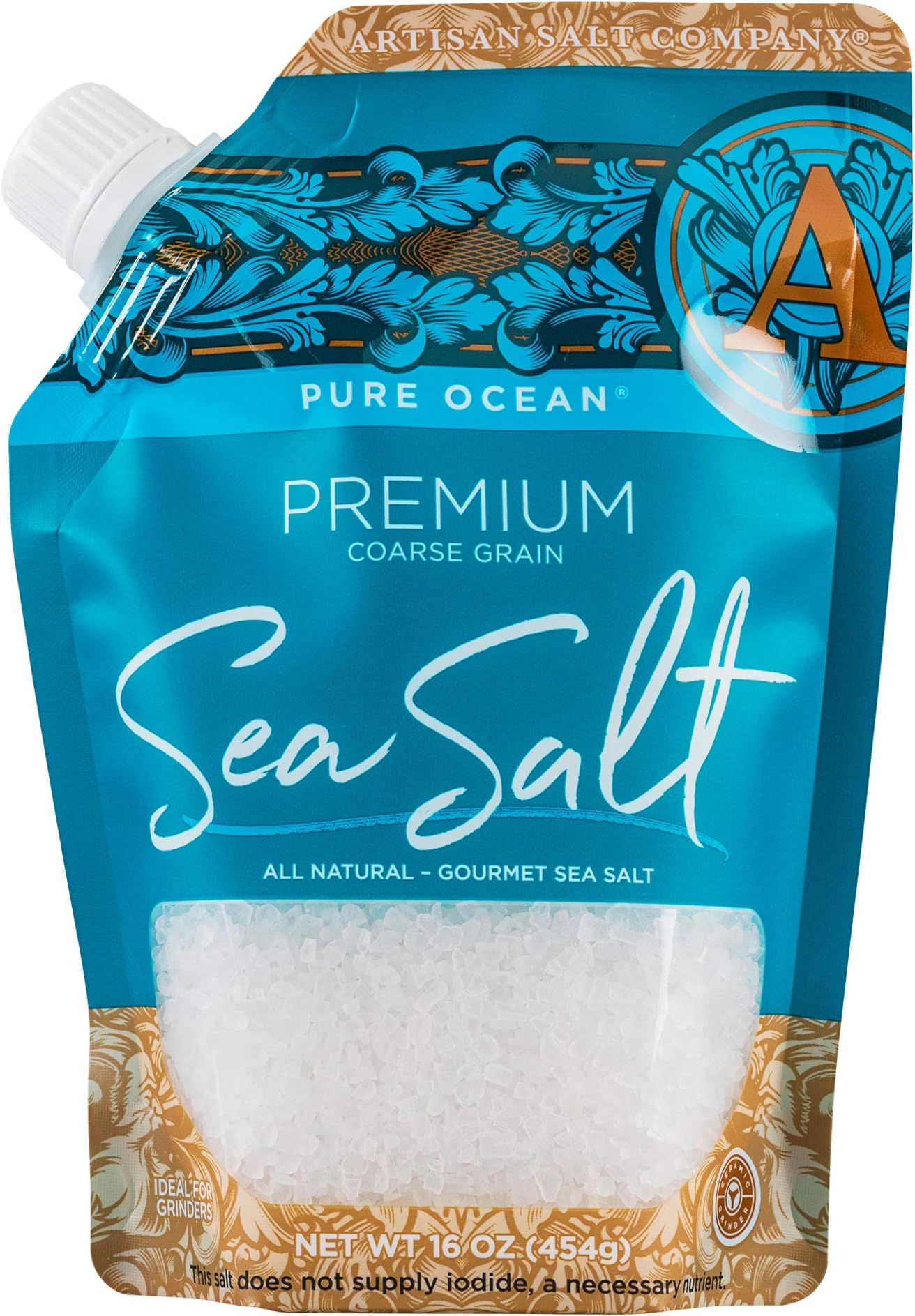 SaltWorks Premium Sea Salt, Coarse, Artisan Pour Spout Pouch, Pure Ocean, 16 Ounce