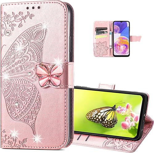 Ysnzaq Funda con patrón de mariposa en relieve para Xiaomi Redmi Note 12 4G (no 5G), funda de teléfono con función de cartera con diamantes de