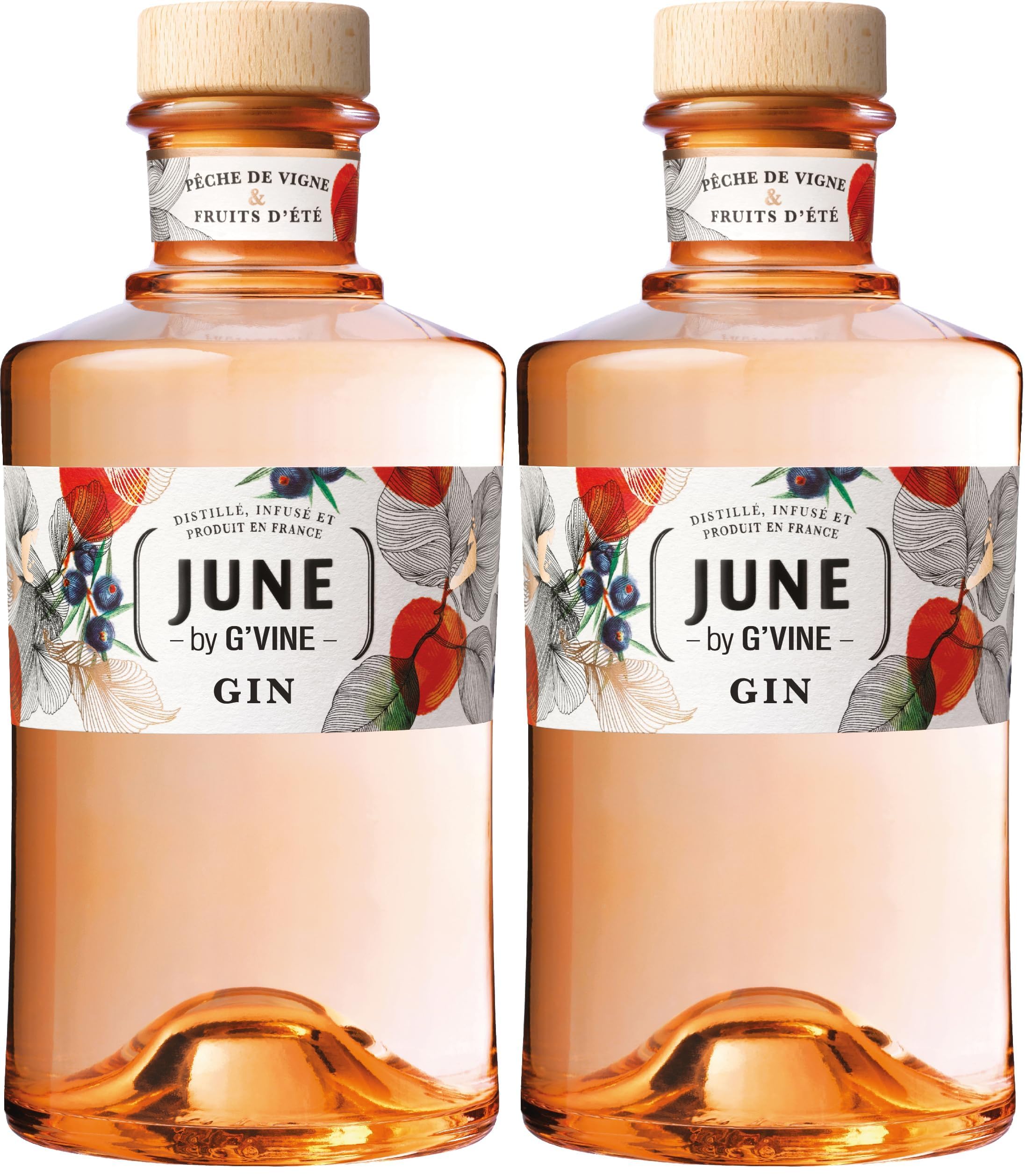 June Gin Melocotón - 700 ml, 37.5º - Ginebra aroma de Melocotón y Frutas del Verano - Elaborada para la creación de cócteles - Sin Gluten (Paquete de 2)