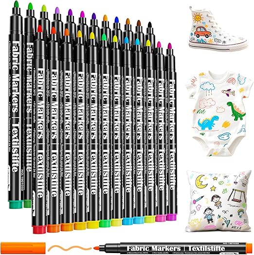 Fabric Markers Permanent for Clothes, 24 Colors Fabric Pens No Bleed, Fine Tip for Kids, Non-Toxic Markers Paint for Tote Bag White Shirt Baby Bibs Shoes