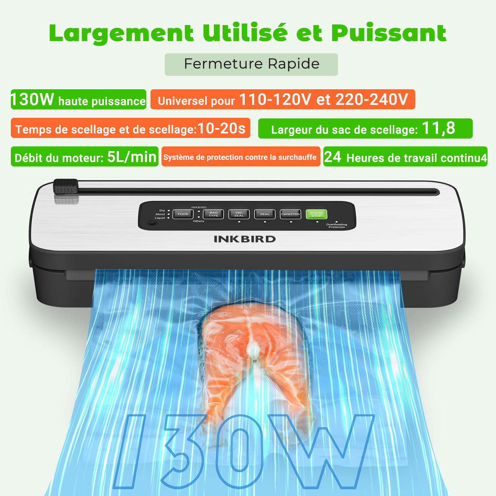 INKBIRD Machine Sous Vide Alimentaire, Appareil de Mise Sous Vide Automatique avec Coupeur Intégré | 6 Modes pour Sec/Humide/Liquide, 130W Puissance Élevée- Joint Rapide, Indicateur LED, Orange