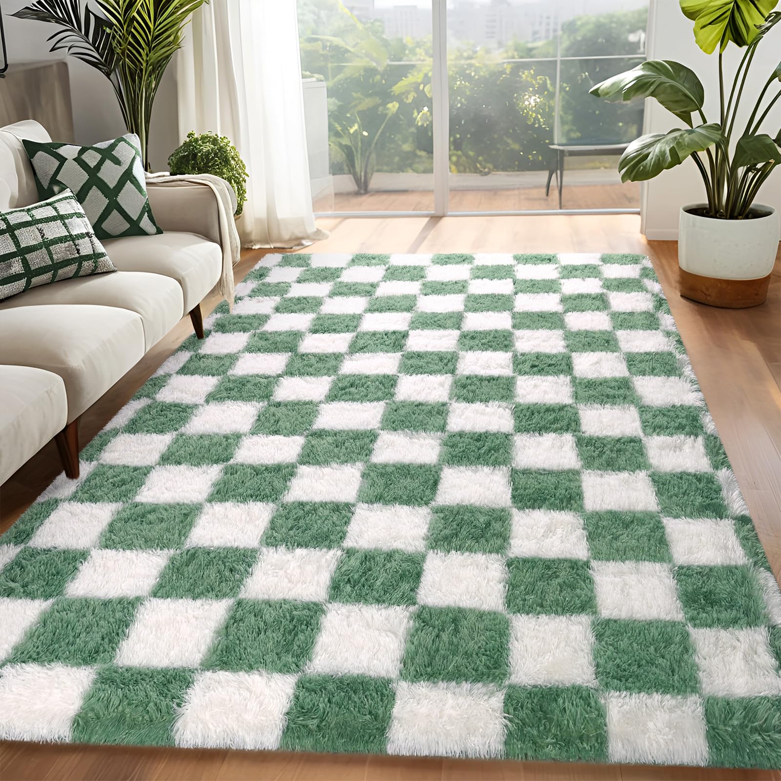 FALARK Rugs for Living Room Bedroom, 6x9 ft Sage Green and White Checkered Area Rug, Fluffy Soft Washable Carpet, Modern Non-Slip Shag Carpets for