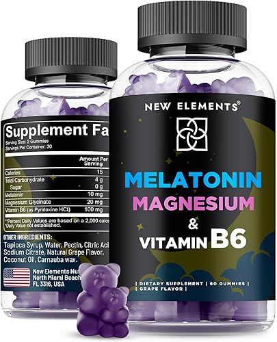 New Elements Gomitas de melatonina de 10 mg con glicinato de magnesio y vitamina B6 | Apoyo para dormir, relajación y alivio del estrés | Sin OMG,