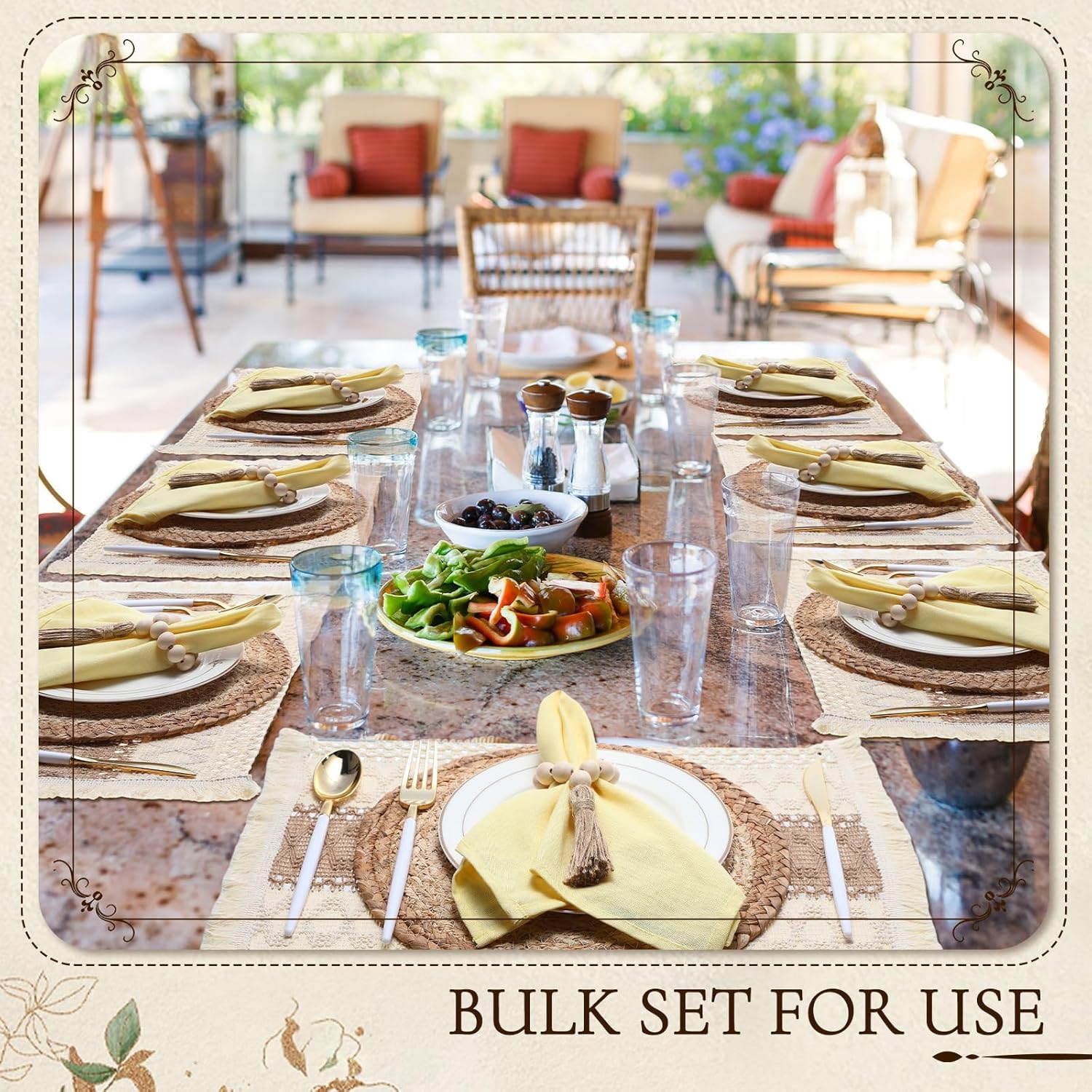 Zhehao 6 Set/18 Pcs Boho Table Placemats, Spring Natural Cotton Burlap, Grass Woven Mats, Macrame Table Decor Farmhouse Style with Tassels Beads Napkin Rings for Wedding Engagement Party