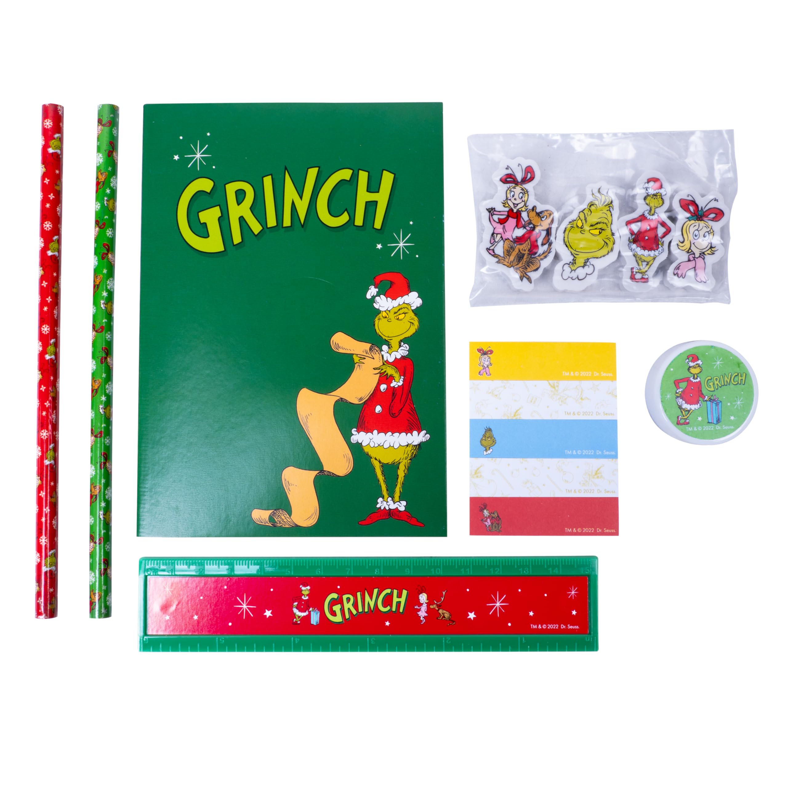 The Grinch Stationery Zestaw przyborów piśmienniczych z ołówkami, linijką, gumkami, temperówką i piórnikami. Artykuły piśmiennicze na Boże Narodzenie, piórnik