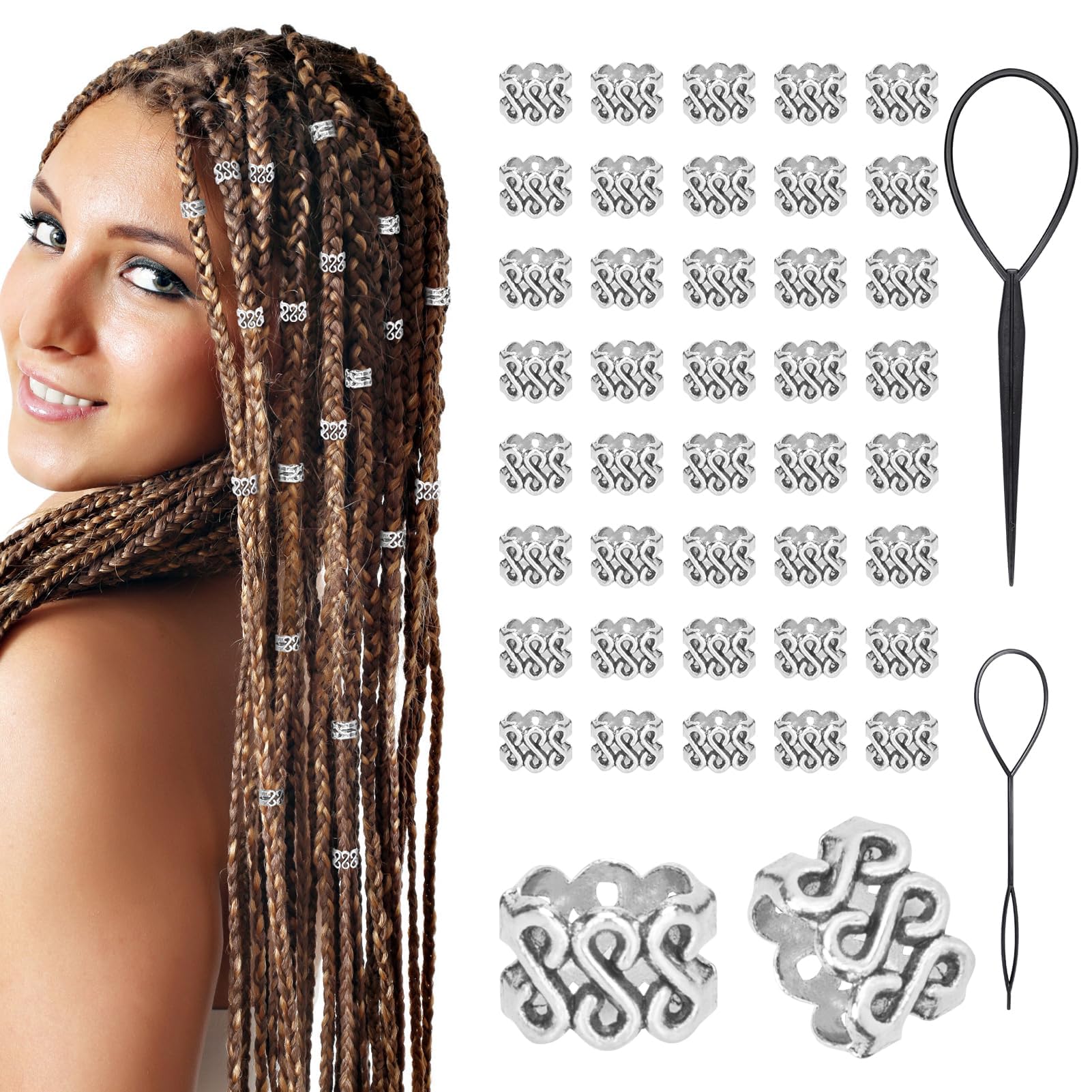 Kiiwah 40pcs Anillos para el Pelo Trenzas y 2pcs Herramientas, Accesorios para el Pelo Anillos Pelo Trenzas para Mujer y Hombres, Adornos Abalorios Pelo Aros Pelo Rastas Decoracion (Plateado)
