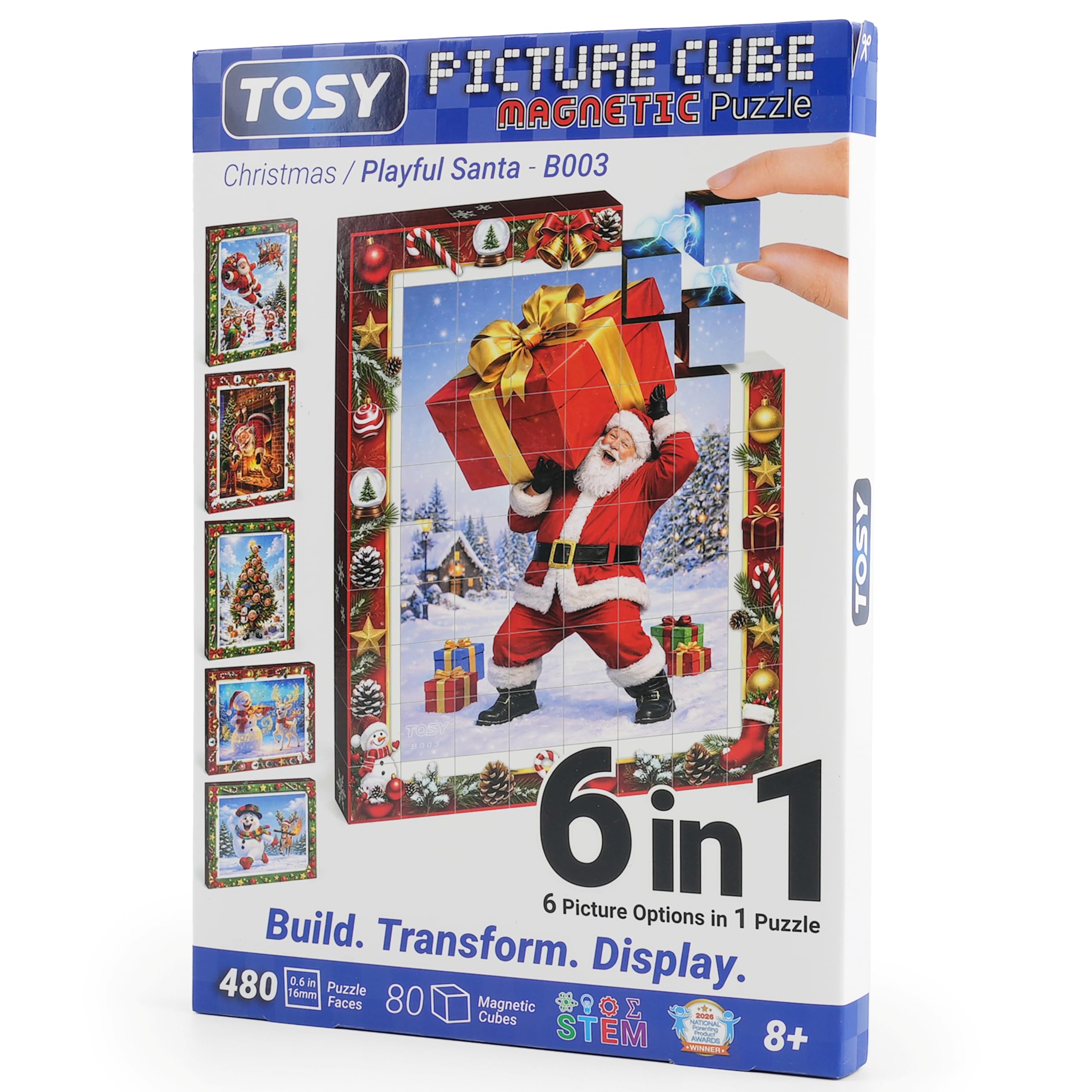 TOSY Picture Cube Playful Santa: 6-in-1 Magnetic Picture Puzzle, 80 Blocks, 480 Puzzle Faces, 0.6in, B003, Seamless UV Art, Display-Ready Frame, Collectible, STEM/STEAM Gift for Kids & Adults