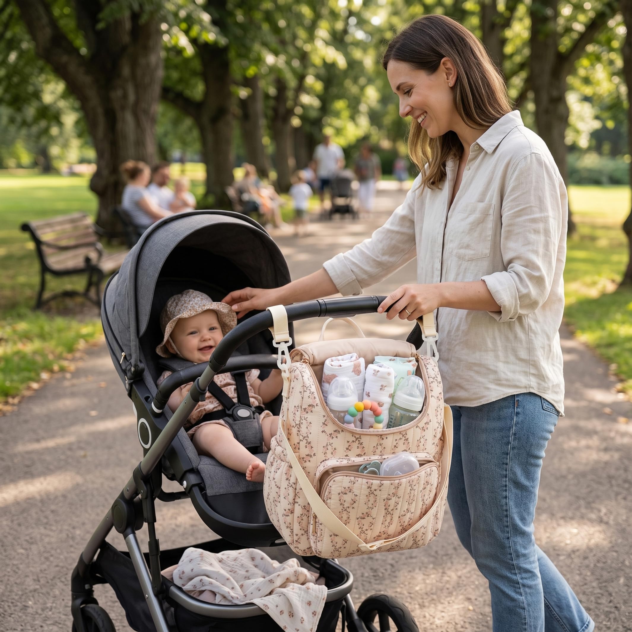 Mochila para pañales con diseño floral y cremallera para mamá