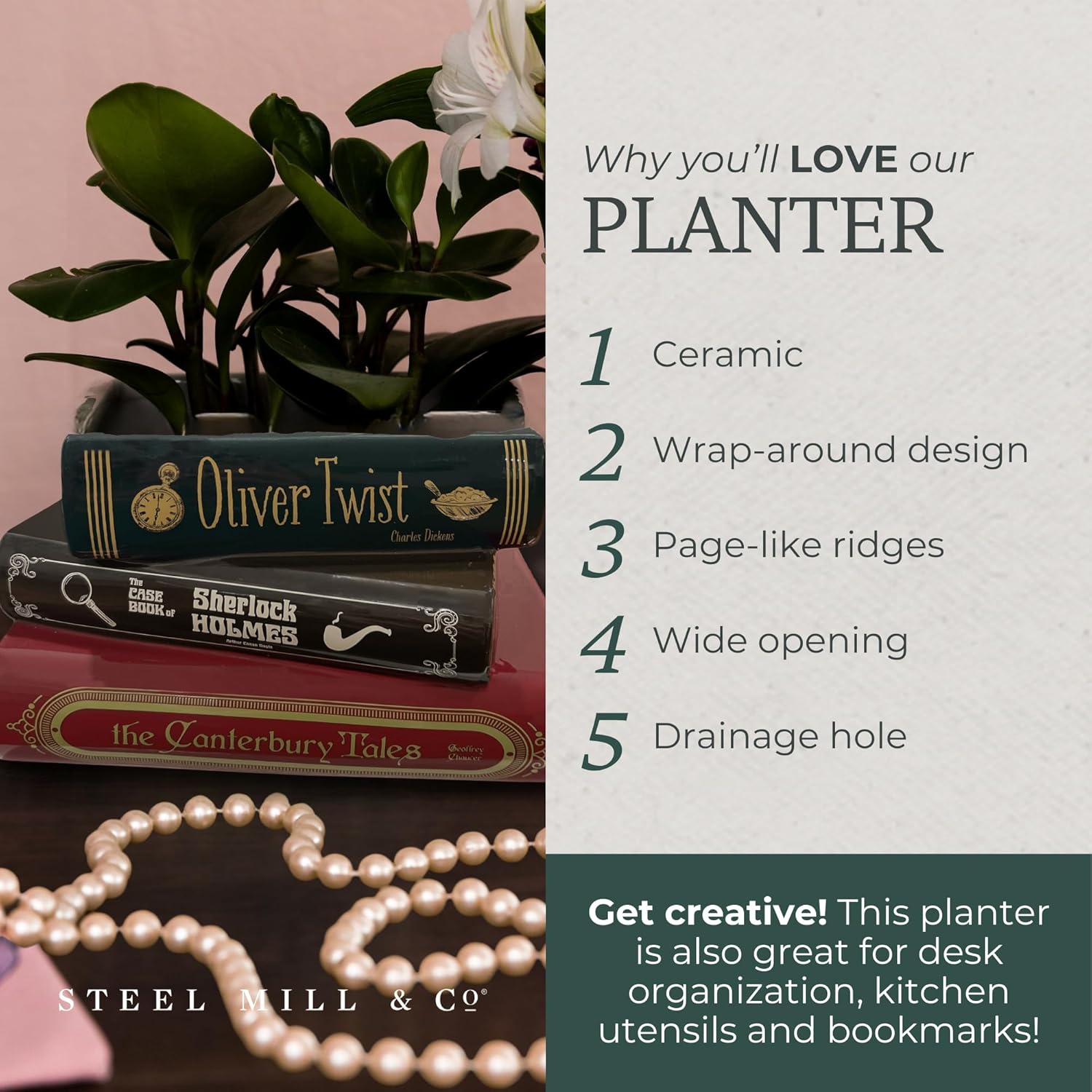 Steel Mill & Co Original Small Book-Shaped Decorative Planter, Ceramic Planter for Cute Home Decor, Unique Bookshelf Planter for Book Lovers (Oliver Twist/Sherlock Holmes/The Canterbury Tales)