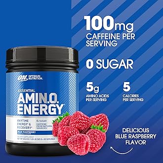 Optimum Nutrition Amino Energy - Pre Workout with Green Tea, BCAA, Amino Acids, Keto Friendly, Green Coffee Extract, Energy Powder - Blue Raspberry, 65 Servings (Packaging May Vary)