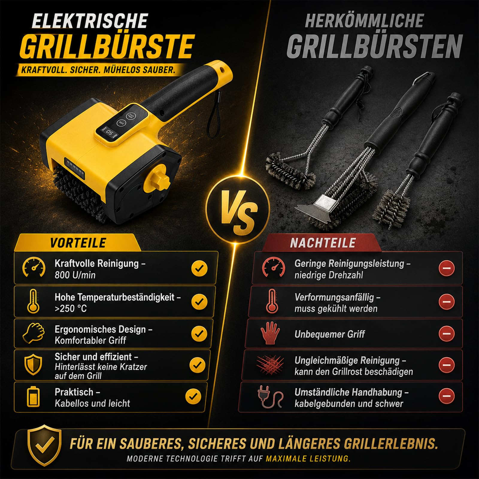 Elektrische Grillbürste Grillreiniger Elektrisch mit LED Licht, Kabellose Grill Reinigungsbürste für Grillrost, BBQ Grill Brush Edelstahl, USB-C Grill Cleaner Brush