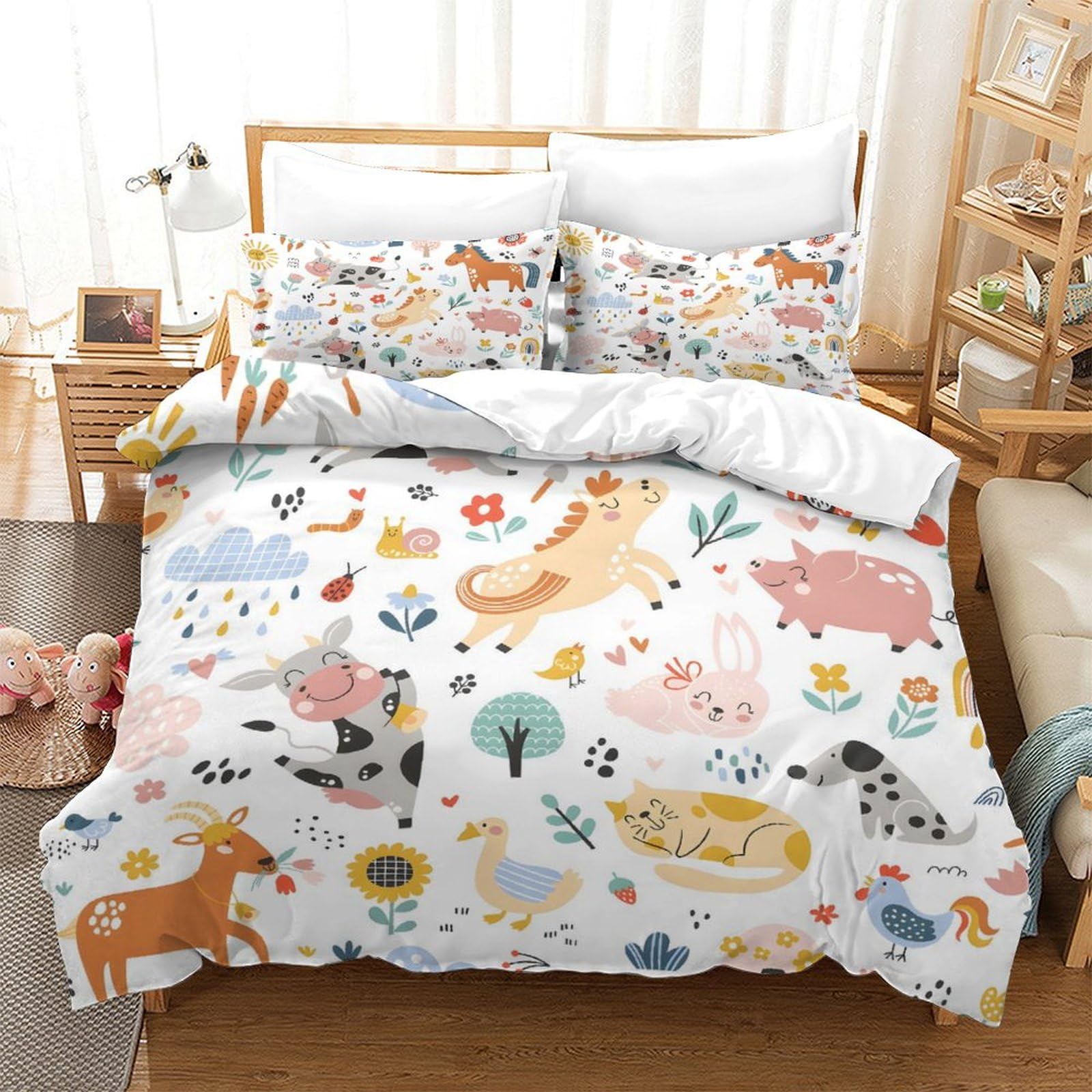 LIAOHENKAN Cute Farm Animals Duvet Cover Set Comforter Cover Bedding Set for Teens Adults Breathable 3Pcs All Season Quilt Set with Zipper Closure, Easy Care, Easy Care Durable Super King（260x220cm）