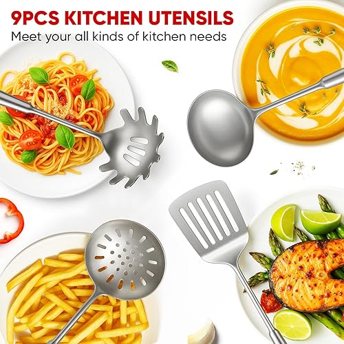 Miniatura 9 de Newness - Juego de utensilios de cocina de acero inoxidable 304, accesorios de cocina de metal, incluye cucharón de sopa, cuchara ranurada, cuchara