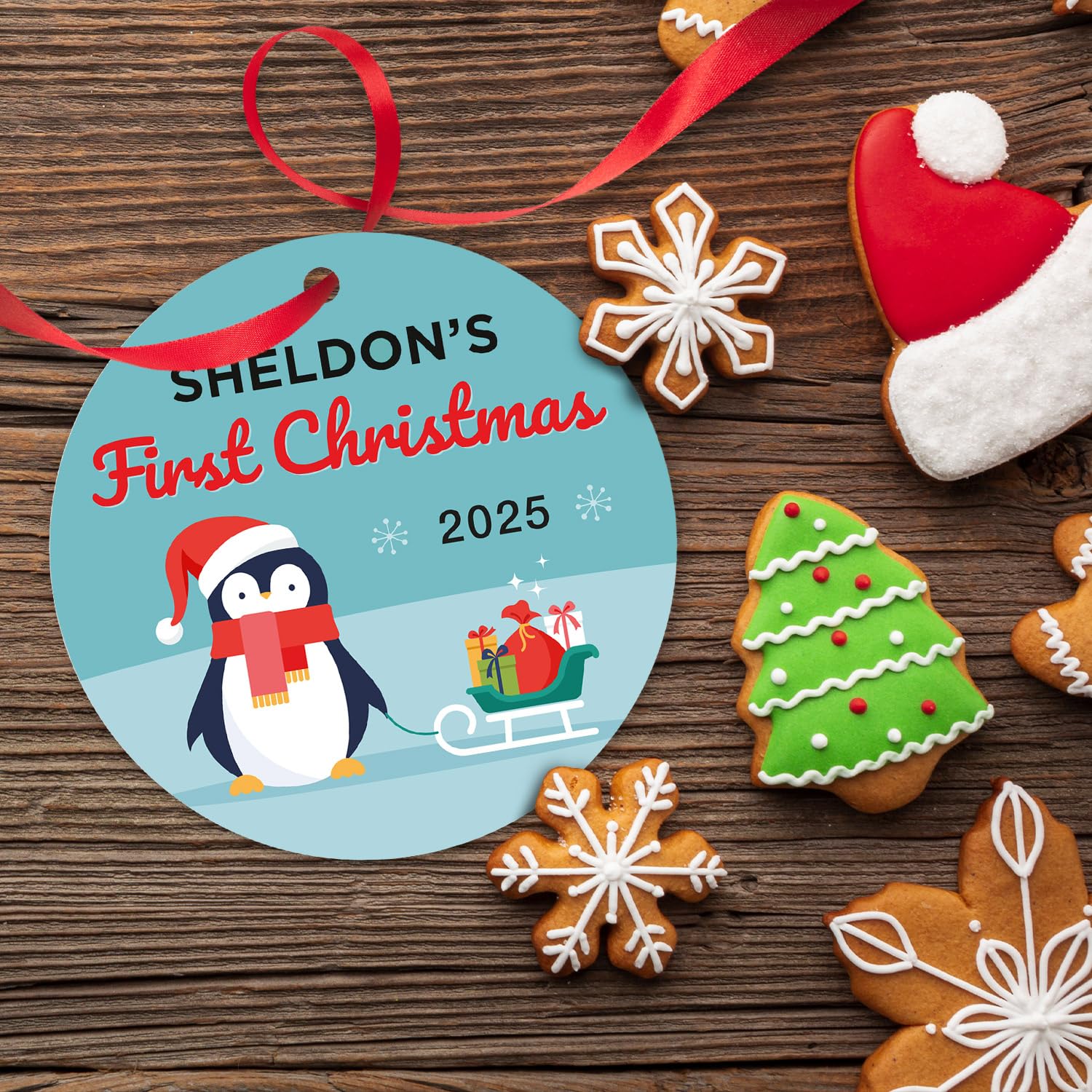 Soul Décor Personalized Baby First Christmas Ornaments 2025, Custom Ornament for Couple, Family, Friends, Velvet Pouch and Red Ribbon Included, 3.75" Round ACM Ornament, Made in The USA