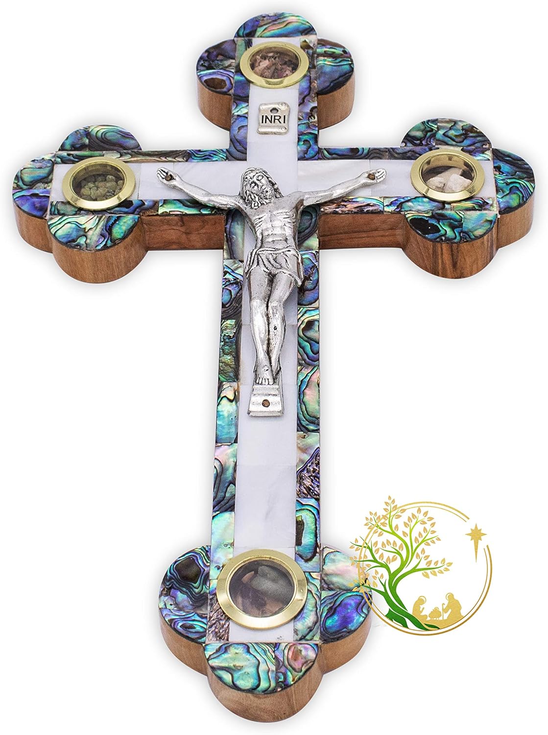 Olive Wood Catholic Wall hanging Crucifix covered with Mother of Pearl - Decorative wooden Wall cross with Relics from the Holy Land - Cross Gift for any religious Christian occasion - Large