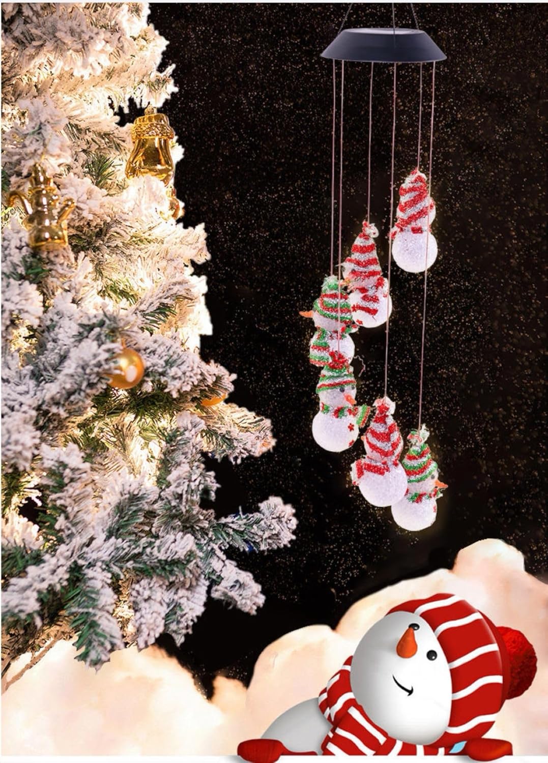 Snowman Solar Wind Chimes, Christmas Snowman LED Solar Powered Wind Chimes Lamp Color Changing Waterproof Garden Chimes with Hook for Mom,Pendant Landscape Night Garden - Image 5