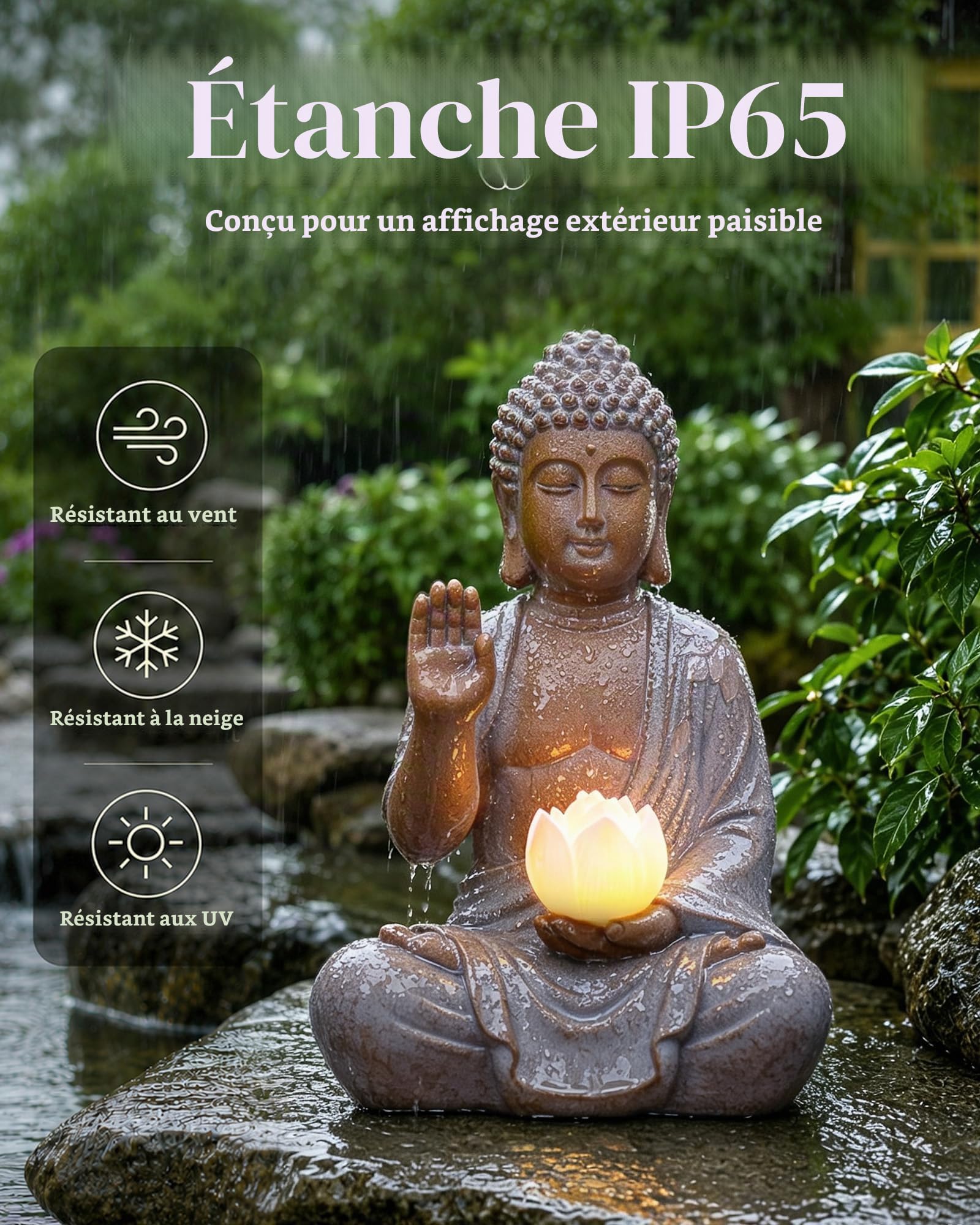 Yeomoo Statue de Bouddha avec LED solaire Lotus Décoration de jardin - Figurine de méditation résistante aux intempéries pour jardin Zen, salon Feng Shui, cadeau spirituel pour femmes, maman, hommes