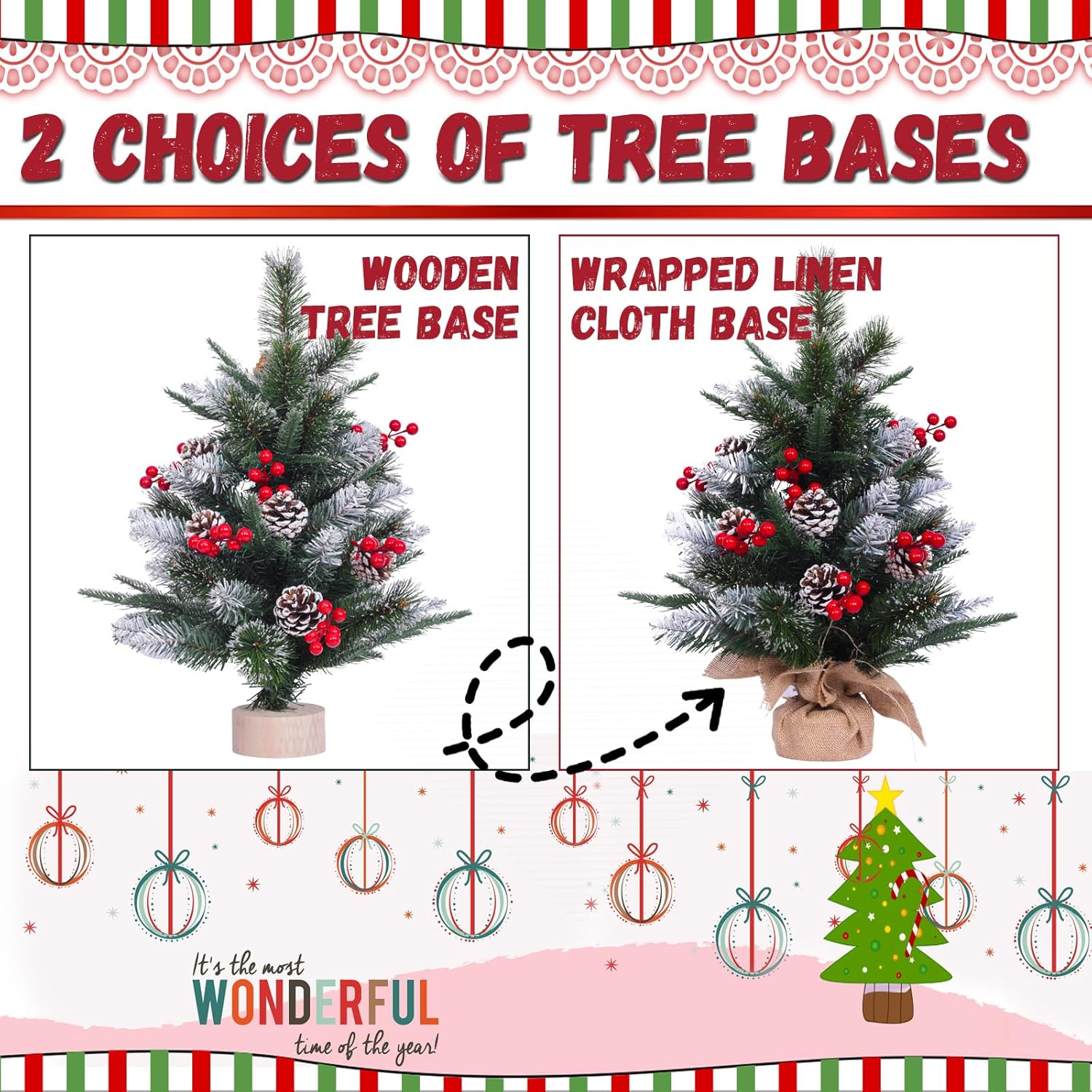 Small Christmas Tree with Lights 22 inch | Mini Xmas Tree with 50 Lights (8 Modes) 53 Tips 6 Berries 6 Pinecones | Tabletop Tree with Burlap Wooden Base | Nice for Bedroom Bathroom Window