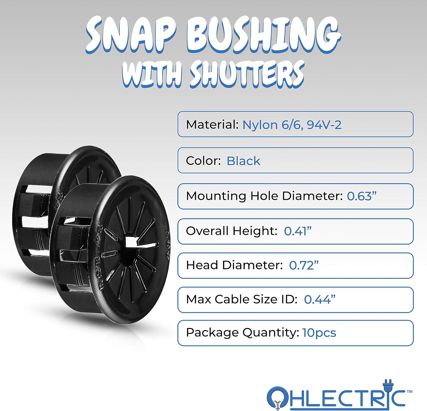 OHLECTRIC 10 Pack - 5/8 Inch Black Snap Bushings with Shutters - Universal Snap-in Bushing Holds Various Cables & Tubes, Ideal Grommet Protector