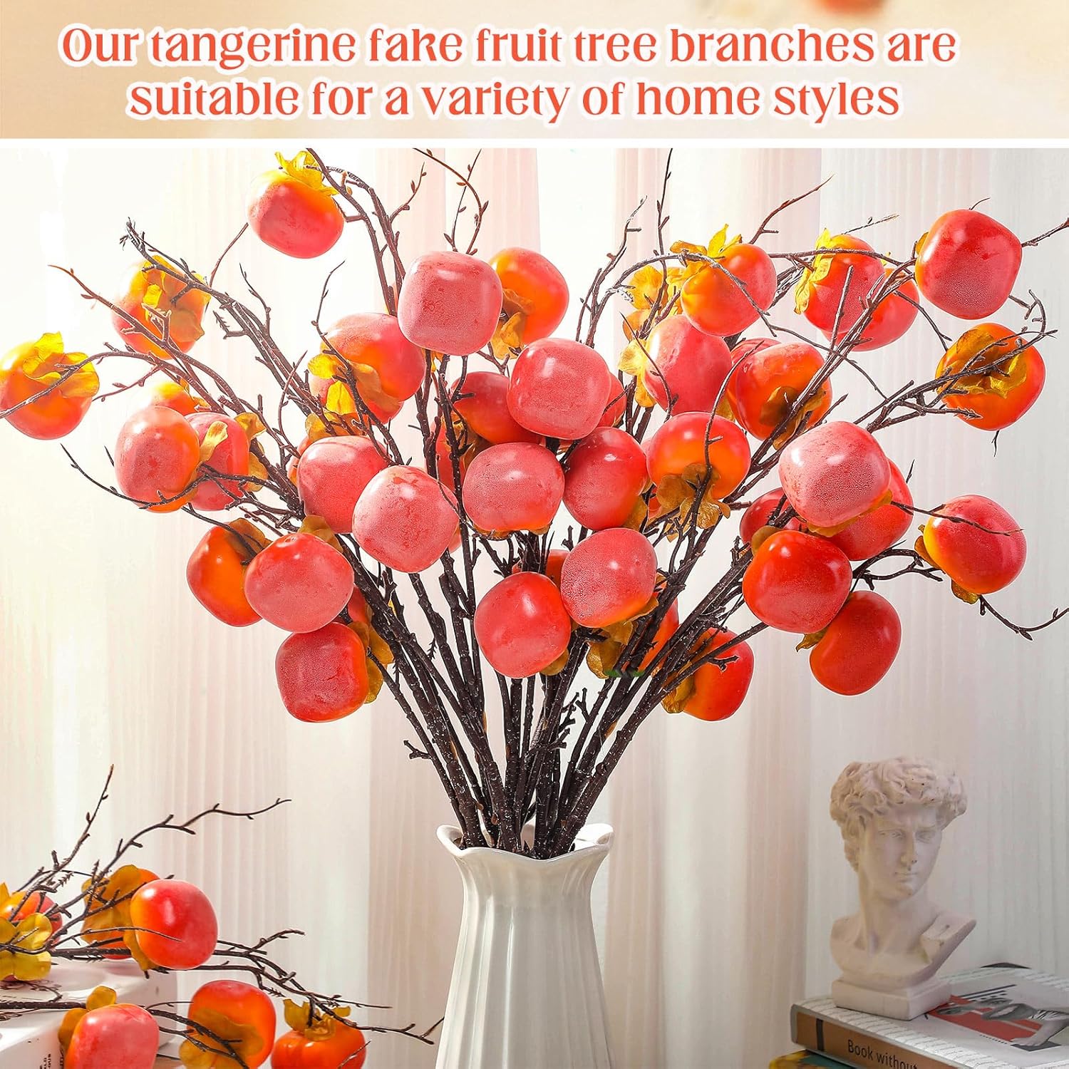 10 Pcs Artificial Persimmon Branches 38 Inch Realistic Artificial Persimmon Fruits Simulation Branches Decoration for Vase Home Party Decoration