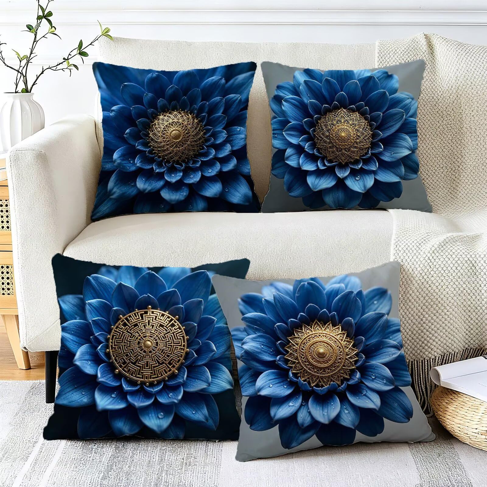 Blu Federe Cuscini Divano 65x65cm, Cuscini da Esterno Set de 4, Cod-89 | Velour Copricuscini Decorativi Letto Arredo, per Letto, Soggiorno, Giardino, Esterno, Casa Decorazione Set di 4 Pianta