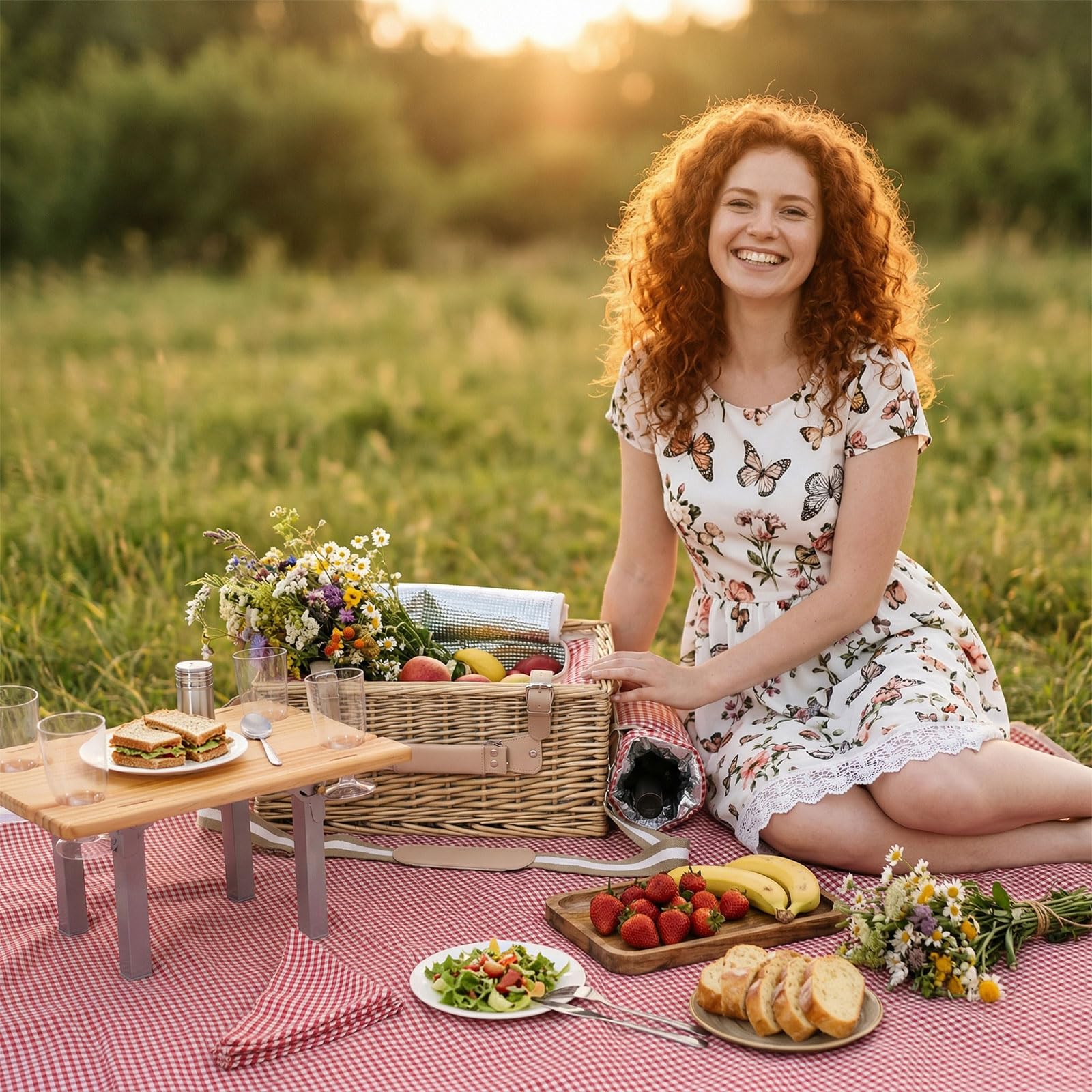 Juego de cesta de picnic de mimbre para 4 personas con mesa desmontable, bolsa de utensilios, forro aislante y manta impermeable, cesta de picnic de sauce para camping, al aire libre, parejas, regalos