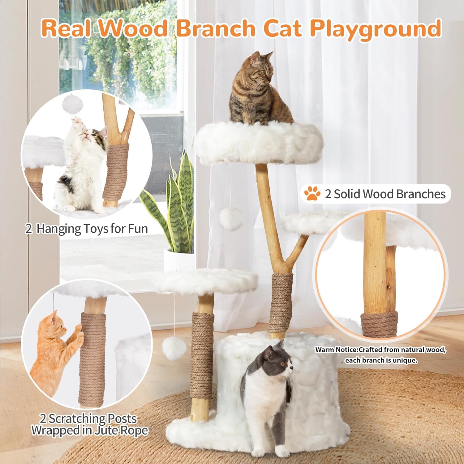 COZIWOW Cloud Cat Tree Tower, Solid Natural Wood Branches, Modern, Aesthetic, Unique, Cat-Approved, 34" L x 17.7" W x 41.7" H, White