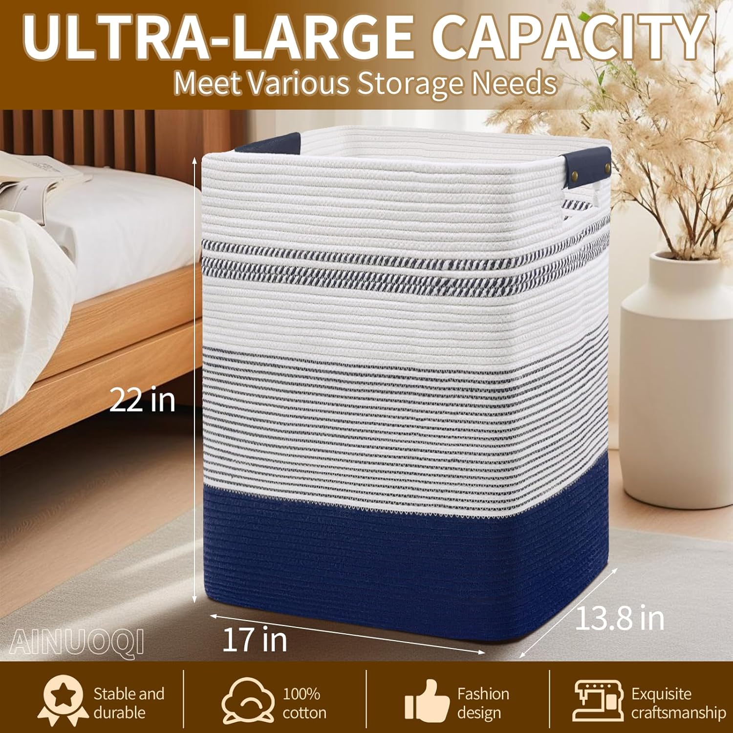 Large Laundry Basket - Tall Woven Rope Laundry Hamper with Leather Handles - Dirty Clothes hamper for Living room, Bedroom, 17.8" X 13.8" X 22", Dark Blue & White - Image 2
